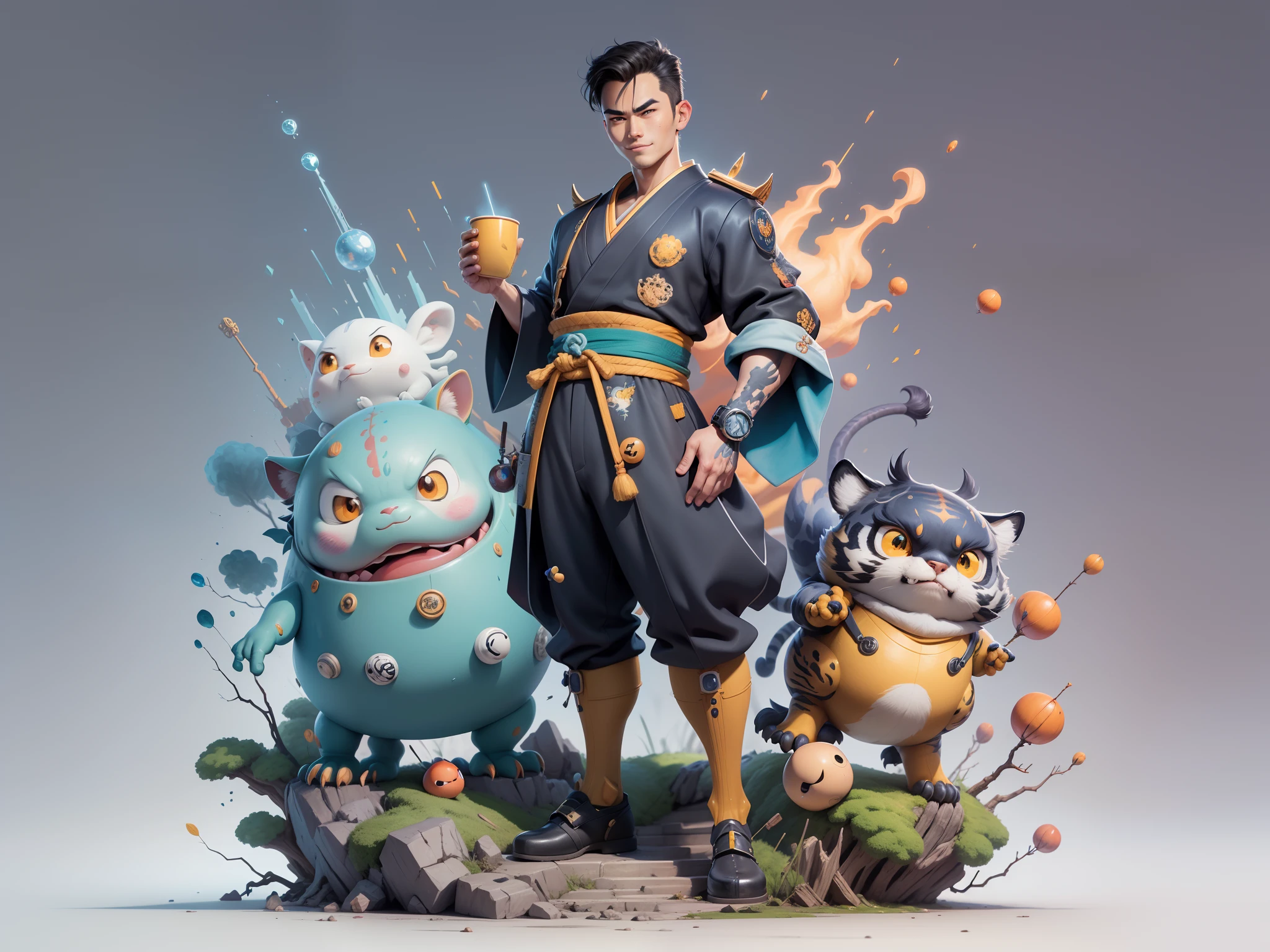 (Masterpiece), (Excellent), (Super Meticulous), (Full Body: 1.2), Super Young Man, Oriental Face, Japanese Kimono, Japanese Wind Thunder God, Dragon, Tiger, TV Anchor, Bust Portrait Illustration, Alone, Black Suit, Blue Tie, Slightly Chubby Face, Very Clean Face, No Beard, Black Super Short Hair, Black Eyes, Confident Smile, 3c Computer Sub-Products, iPad, iPhone, Digital Painting, 3D Character Design by Akira Toriyama and Mark Claireden and Pixar and Hayao Miyazaki, The illustration is a high-definition illustration in 4K resolution with very detailed facial features and cartoon-style visuals.