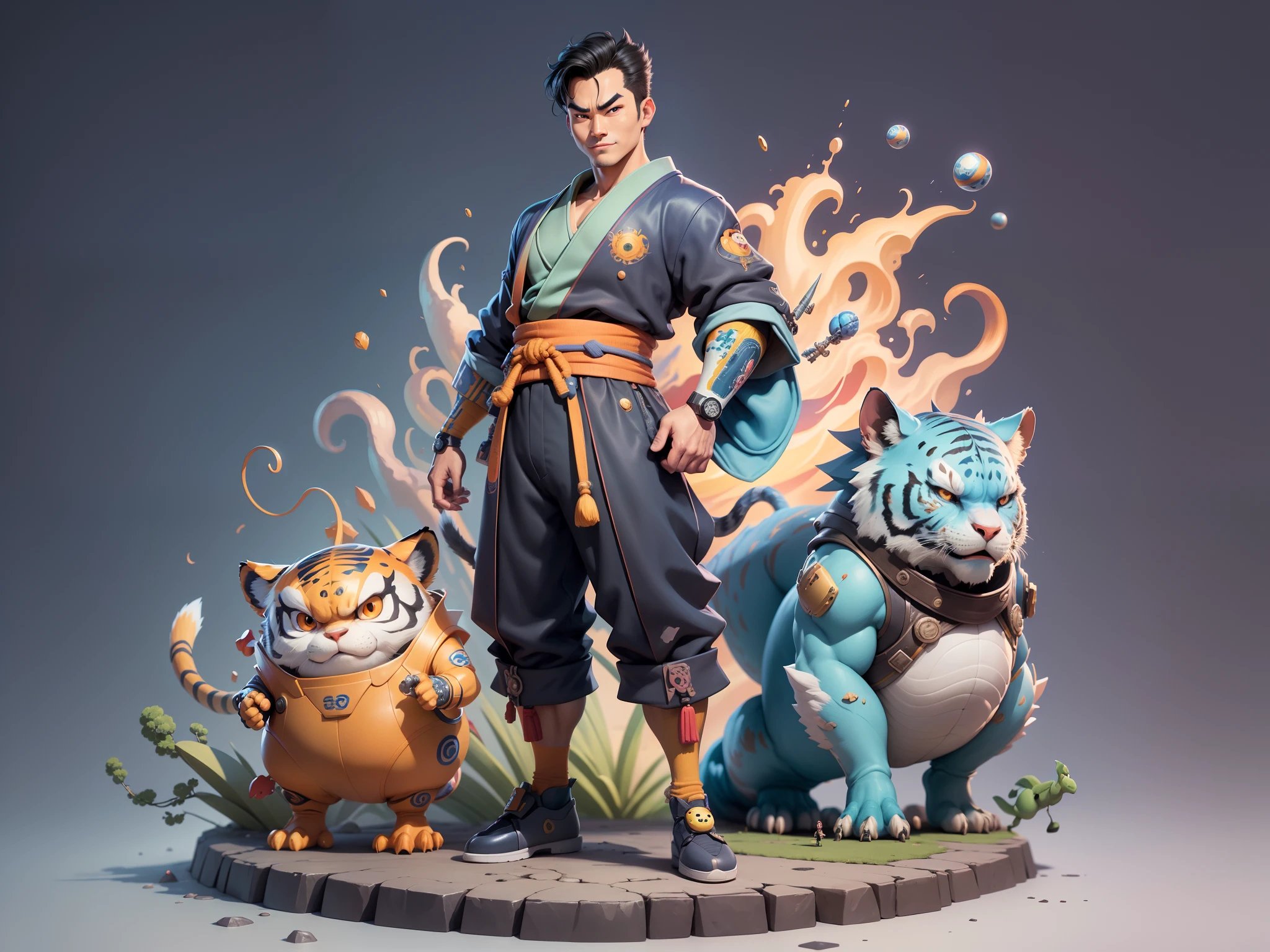 (Masterpiece), (Excellent), (Super Meticulous), (Full Body: 1.2), Super Young Man, Oriental Face, Japanese Kimono, Japanese Wind Thunder God, Dragon, Tiger, TV Anchor, Bust Portrait Illustration, Alone, Black Suit, Blue Tie, Slightly Chubby Face, Very Clean Face, No Beard, Black Super Short Hair, Black Eyes, Confident Smile, 3c Computer Sub-Products, iPad, iPhone, Digital Painting, 3D Character Design by Akira Toriyama and Mark Claireden and Pixar and Hayao Miyazaki, The illustration is a high-definition illustration in 4K resolution with very detailed facial features and cartoon-style visuals.