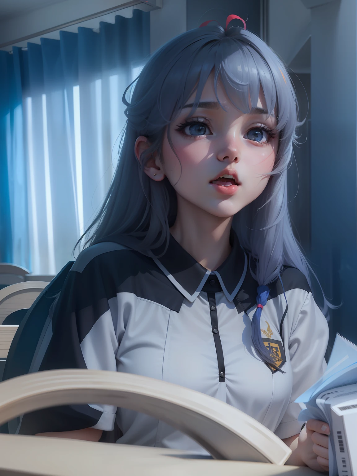 Innocent，female high-school student，Shenzhen school uniform，Big face，cabelos preto e longos，ruby eyes，Half tied hair，Stick out your tongue，Playful，adolable，White skin of the，high brightness