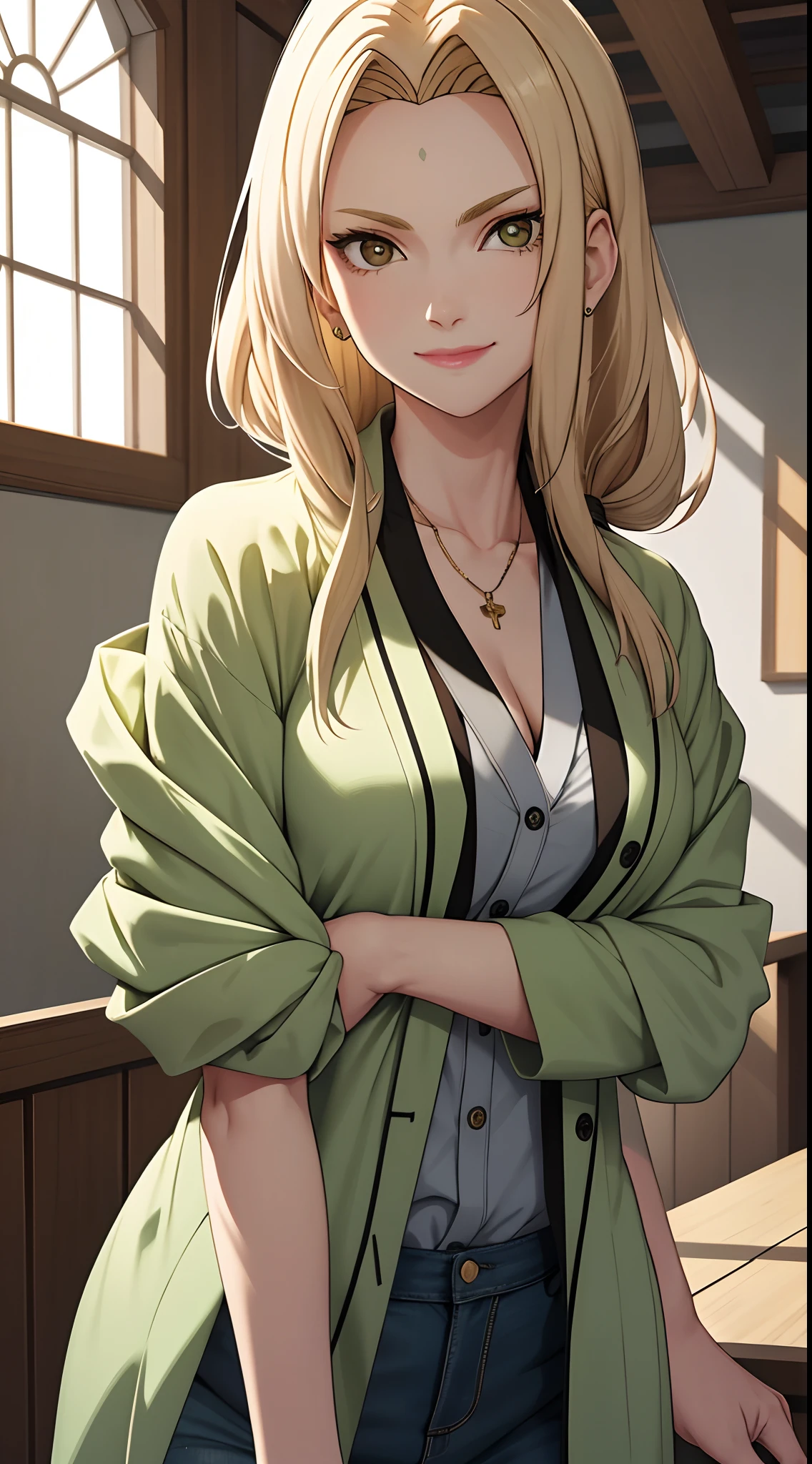 best qualtiy,tmasterpiece,1girll,looks into camera,Golden hair,White color blouse,Green coat,ssmile,perfect bodies
