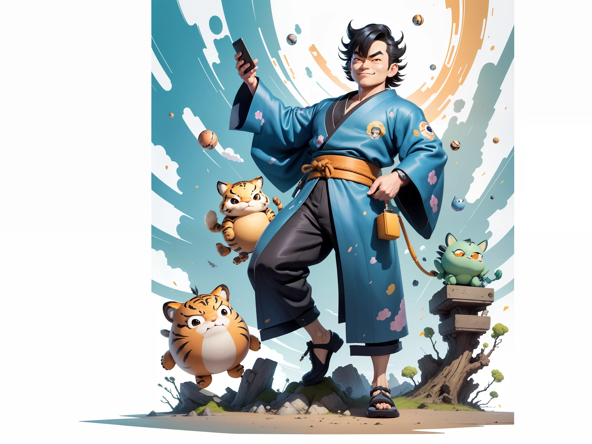 (Masterpiece), (Excellent), (Super Meticulous), (Full Body: 1.2), Super Young Man, Oriental Face, Japanese Kimono, Japanese Wind Thunder God, Dragon, Tiger, TV Anchor, Bust Portrait Illustration, Alone, Black Suit, Blue Tie, Slightly Chubby Face, Very Clean Face, No Beard, Black Super Short Hair, Black Eyes, Confident Smile, 3c Computer Sub-Products, iPad, iPhone, Digital Painting, 3D Character Design by Akira Toriyama and Mark Claireden and Pixar and Hayao Miyazaki, The illustration is a high-definition illustration in 4K resolution with very detailed facial features and cartoon-style visuals.
