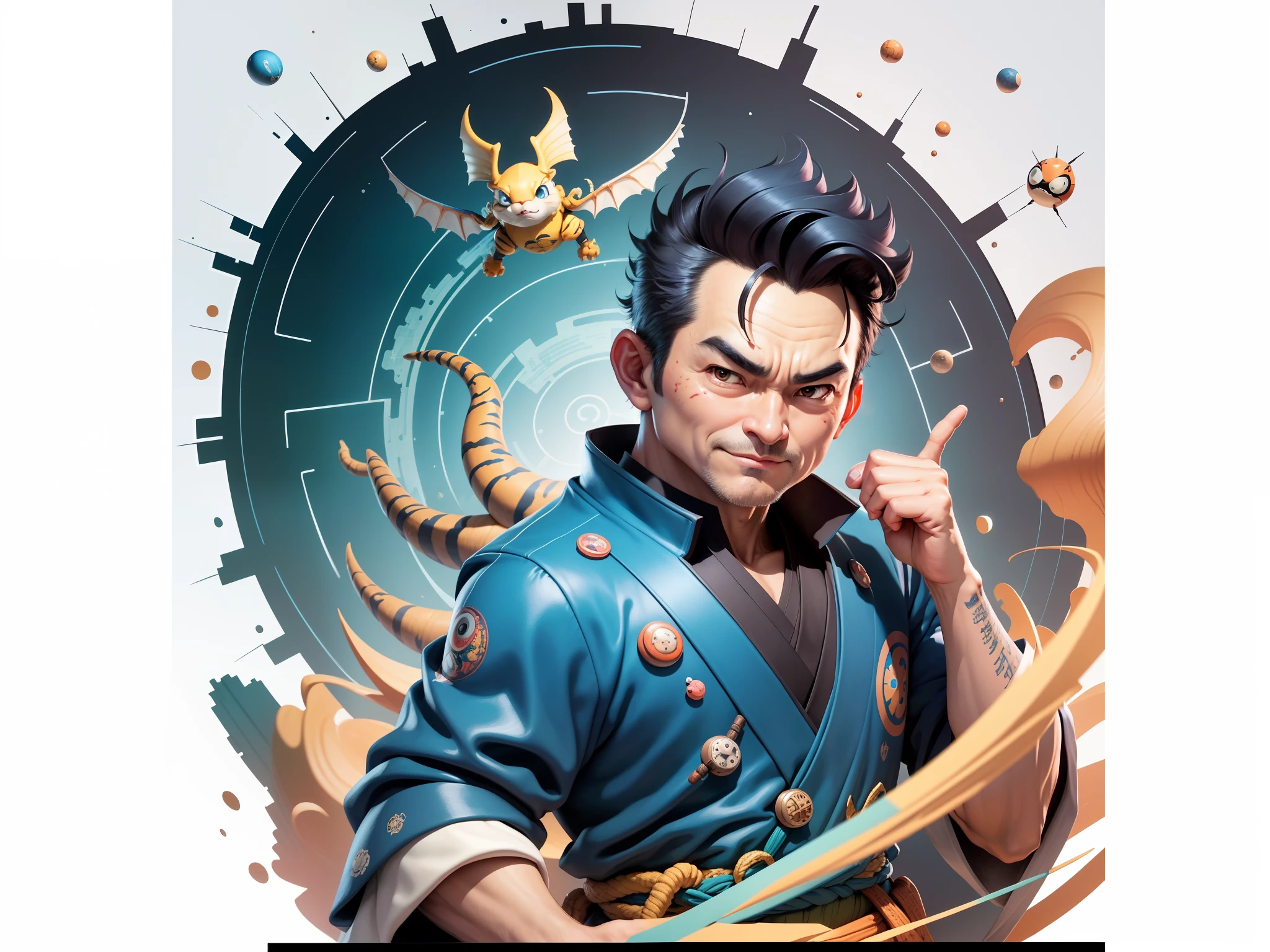 (Masterpiece), (Excellent), (Super Meticulous), (Full Body: 1.2), Super Young Man, Oriental Face, Japanese Kimono, Japanese Wind Thunder God, Dragon, Tiger, TV Anchor, Bust Portrait Illustration, Alone, Black Suit, Blue Tie, Slightly Chubby Face, Very Clean Face, No Beard, Black Super Short Hair, Black Eyes, Confident Smile, 3c Computer Sub-Products, iPad, iPhone, Digital Painting, 3D Character Design by Akira Toriyama and Mark Claireden and Pixar and Hayao Miyazaki, The illustration is a high-definition illustration in 4K resolution with very detailed facial features and cartoon-style visuals.