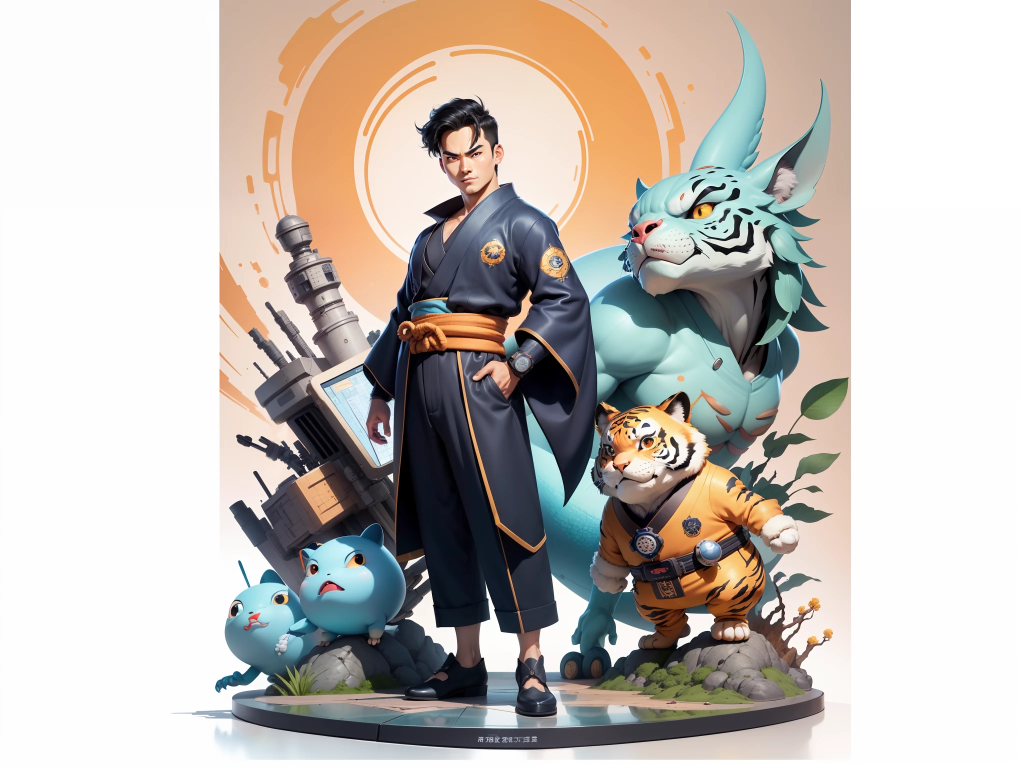 (Masterpiece), (Excellent), (Super Meticulous), (Full Body: 1.2), Super Young Man, Oriental Face, Japanese Kimono, Japanese Wind Thunder God, Dragon, Tiger, TV Anchor, Bust Portrait Illustration, Alone, Black Suit, Blue Tie, Slightly Chubby Face, Very Clean Face, No Beard, Black Super Short Hair, Black Eyes, Confident Smile, 3c Computer Sub-Products, iPad, iPhone, Digital Painting, 3D Character Design by Akira Toriyama and Mark Claireden and Pixar and Hayao Miyazaki, The illustration is a high-definition illustration in 4K resolution with very detailed facial features and cartoon-style visuals.