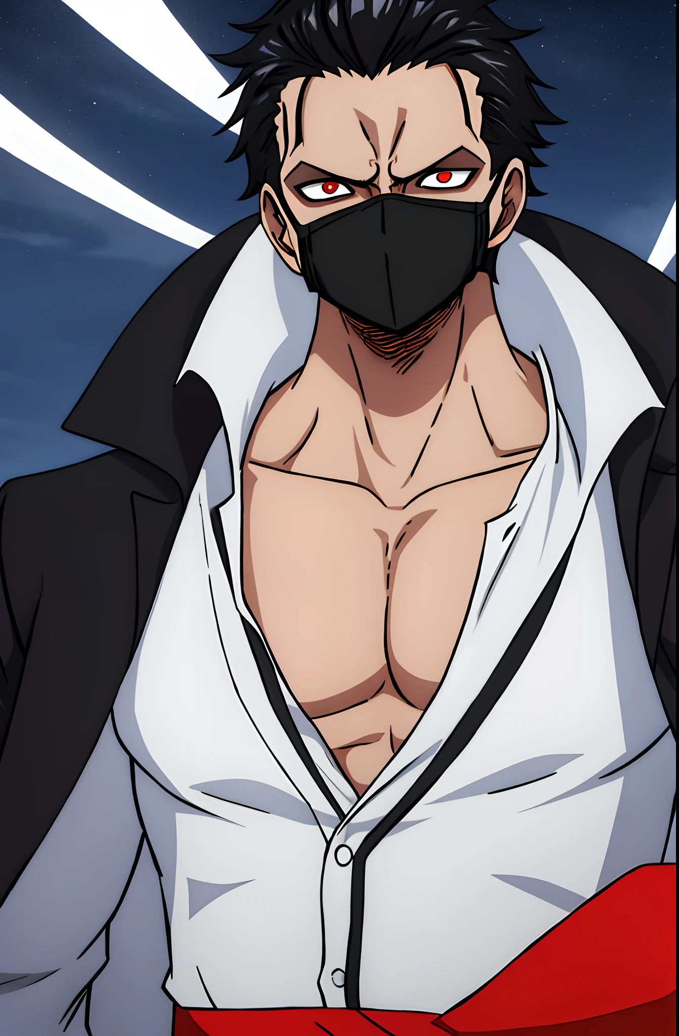 A male , with black Mask in his mouth , black jacket and white shirt , black hair , red eyes , ( have a black ClothMask) , HD , ( black jacket over a white shirt black) , muscle , in the sea , He has the power of control the time , He has muscles , On the ship at night