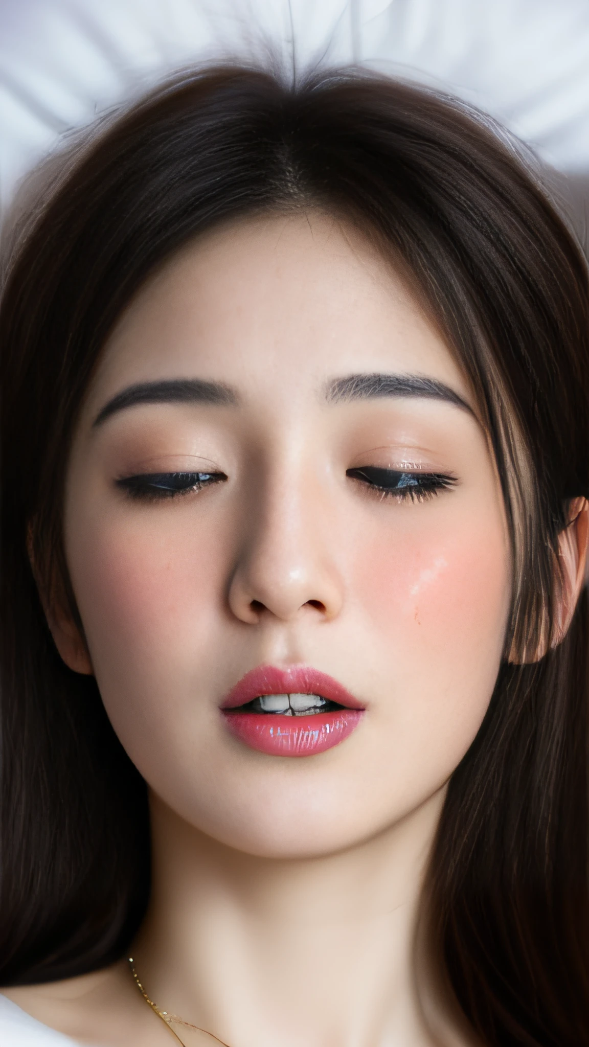 half opened eye、The most beautiful face、japanes、Pure white skin、Long hairstyle、high definition eyes、Brown eyes、Sleeping on her back on the bed、（huge tit、dishevled hair:1.3)、Open your mouth very wide、Raise the chin、blush、sweat all over、light eyebrow、面長、Adult face、Luxury bed、a necklace、UHD, high details