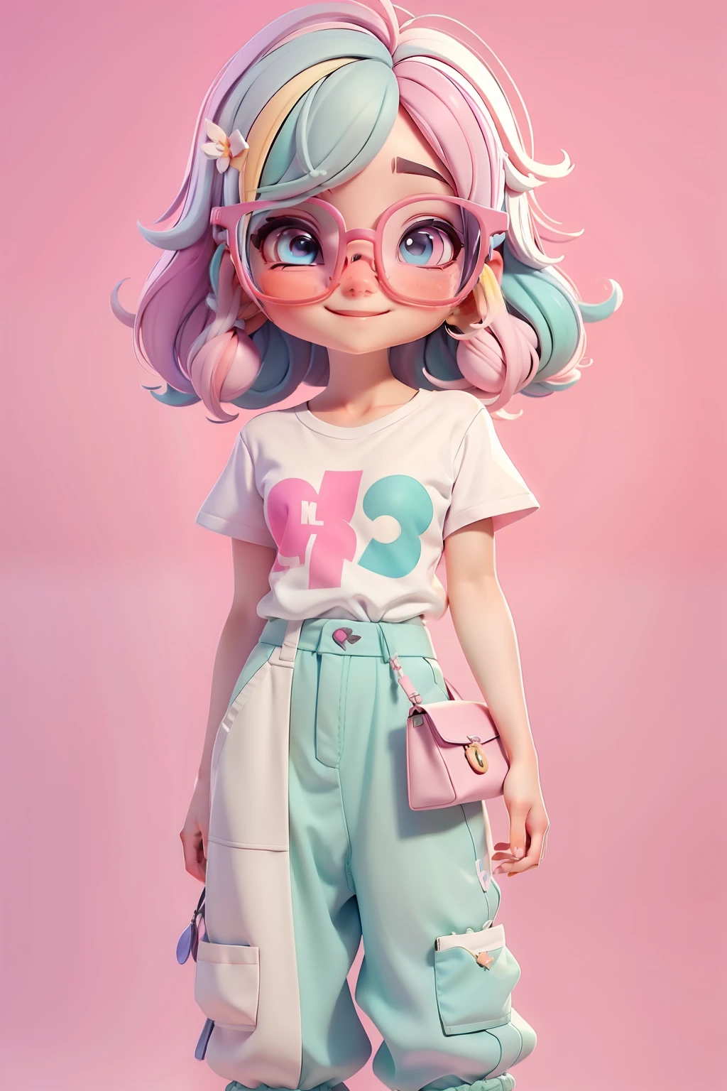 loli multicolor, fofa, romantic nerd style, delicate and elegant eyeglasses, moleton, capuz, camiseta, pants, tons pastel multicolor, sorriso meigo e delicado,  corpo inteiro, olhos delicados e  cabelos multicolor, fundo simples e branco