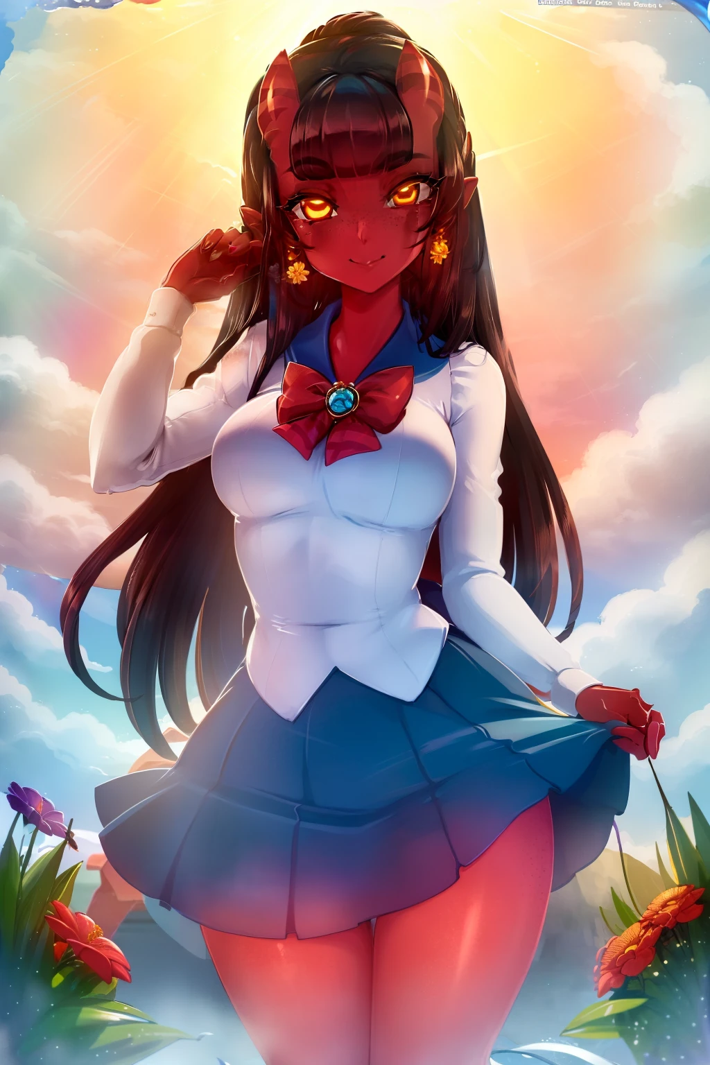 masterpiece, best quality, CG, wallpaper, HDR, high quality, high-definition, extremely detailed, turquoise sailor outfit, micro skirt, a beautiful and detailed image of meru , merunyaa,(red skin:1.3), horns,clothed,(freckles), backlighting, field of flowers, holding flower, flower hair accessory, yellow eyes,smile, clouds,in front