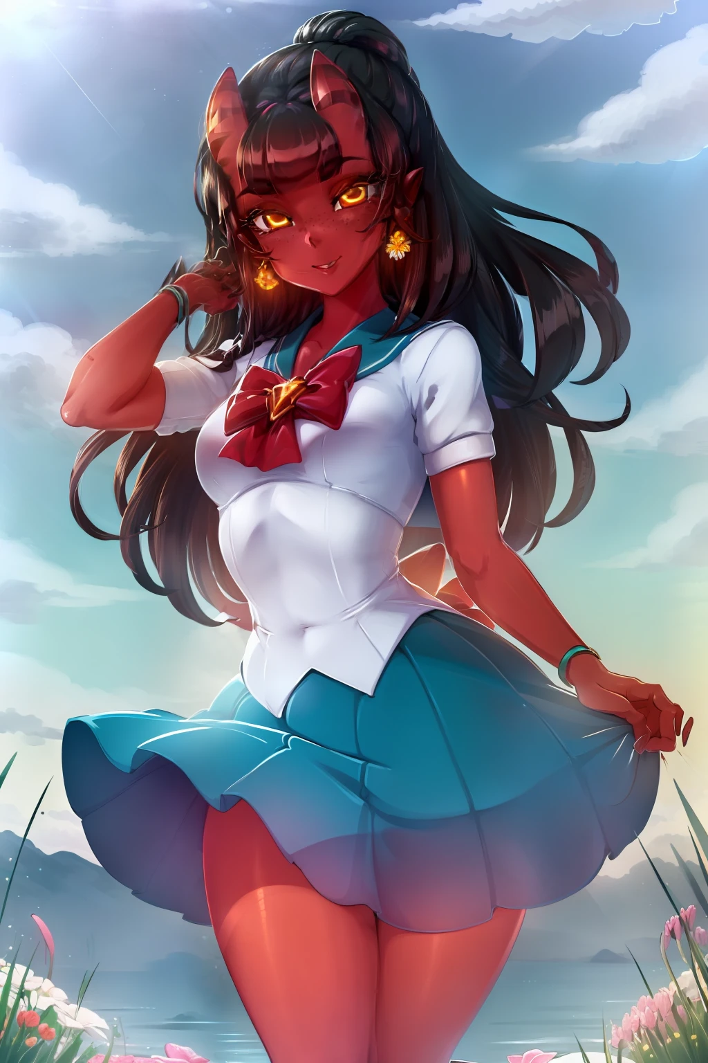 masterpiece, best quality, CG, wallpaper, HDR, high quality, high-definition, extremely detailed, turquoise sailor outfit, micro skirt, a beautiful and detailed image of meru , merunyaa,(red skin:1.3), horns,clothed,(freckles), backlighting, field of flowers, holding flower, flower hair accessory, yellow eyes,smile, clouds,in front