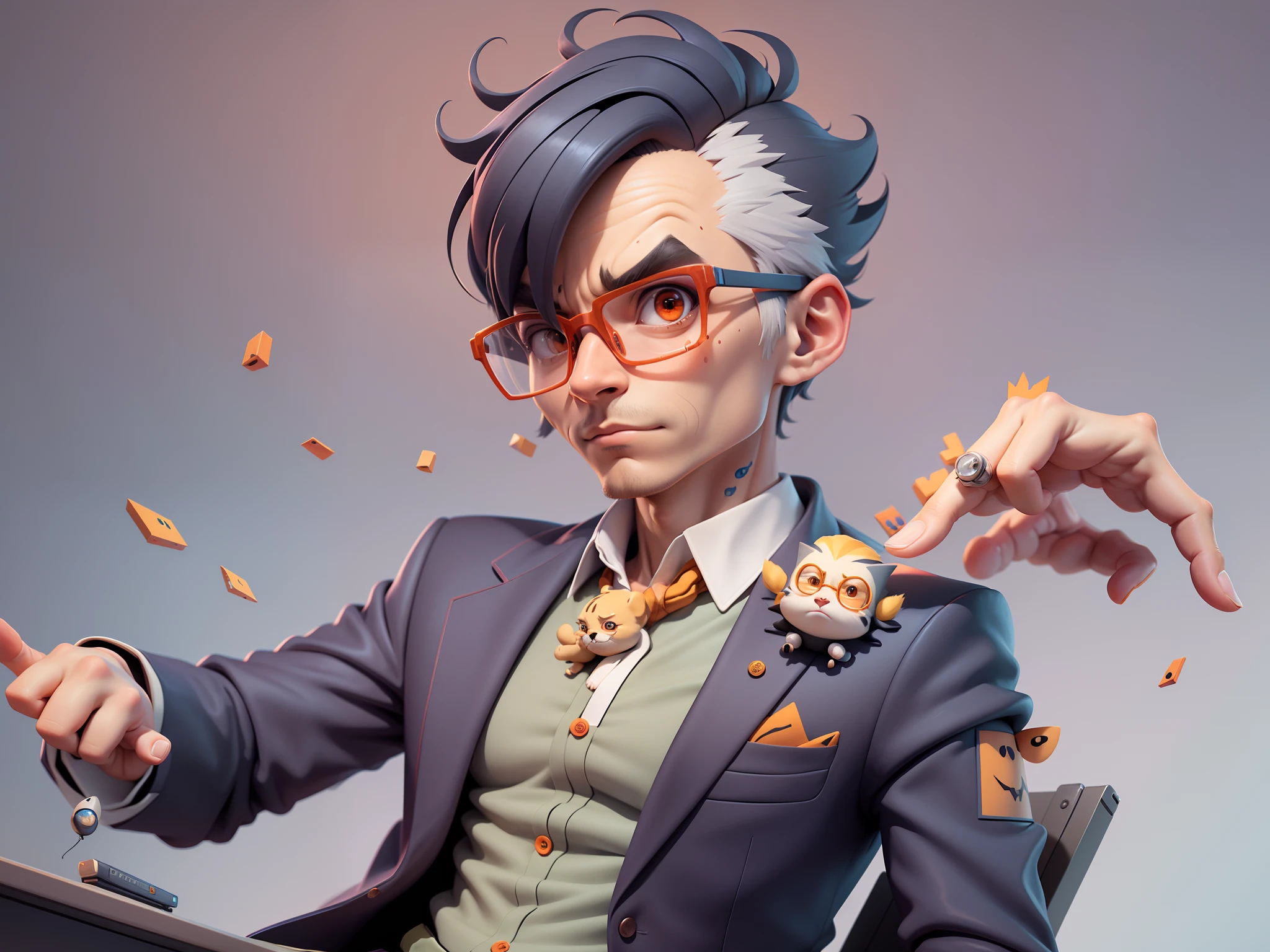 A young man in a suit, Short hair and glasses sat at his desk,holding laptop,digitial painting,tigre,3D character design by Mark Clairen and Pixar and Hayao Miyazaki and Akira Toriyama,4K HD illustration,Very detailed facial features and cartoon-style visuals。