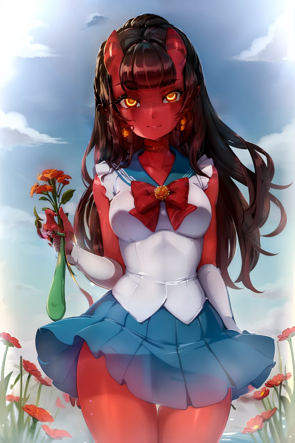 masterpiece, best quality, CG, wallpaper, HDR, high quality, high-definition, extremely detailed, turquoise sailor outfit, micro skirt, a beautiful and detailed image of meru , merunyaa,(red skin:1.3), horns,clothed,(freckles), backlighting, field of flowers, holding flower, flower hair accessory, yellow eyes,smile, clouds,in front