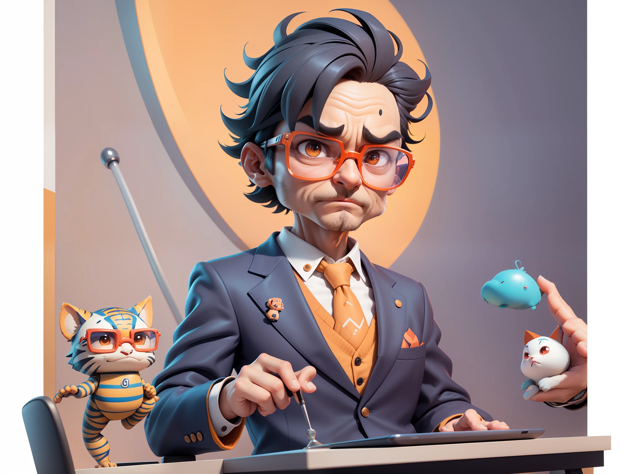 A young man in a suit, Short hair and glasses sat at his desk，holding laptop，digitial painting，tigre，3D character design by Mark Clairen and Pixar and Hayao Miyazaki and Akira Toriyama，4K HD illustration，Very detailed facial features and cartoon-style visuals。