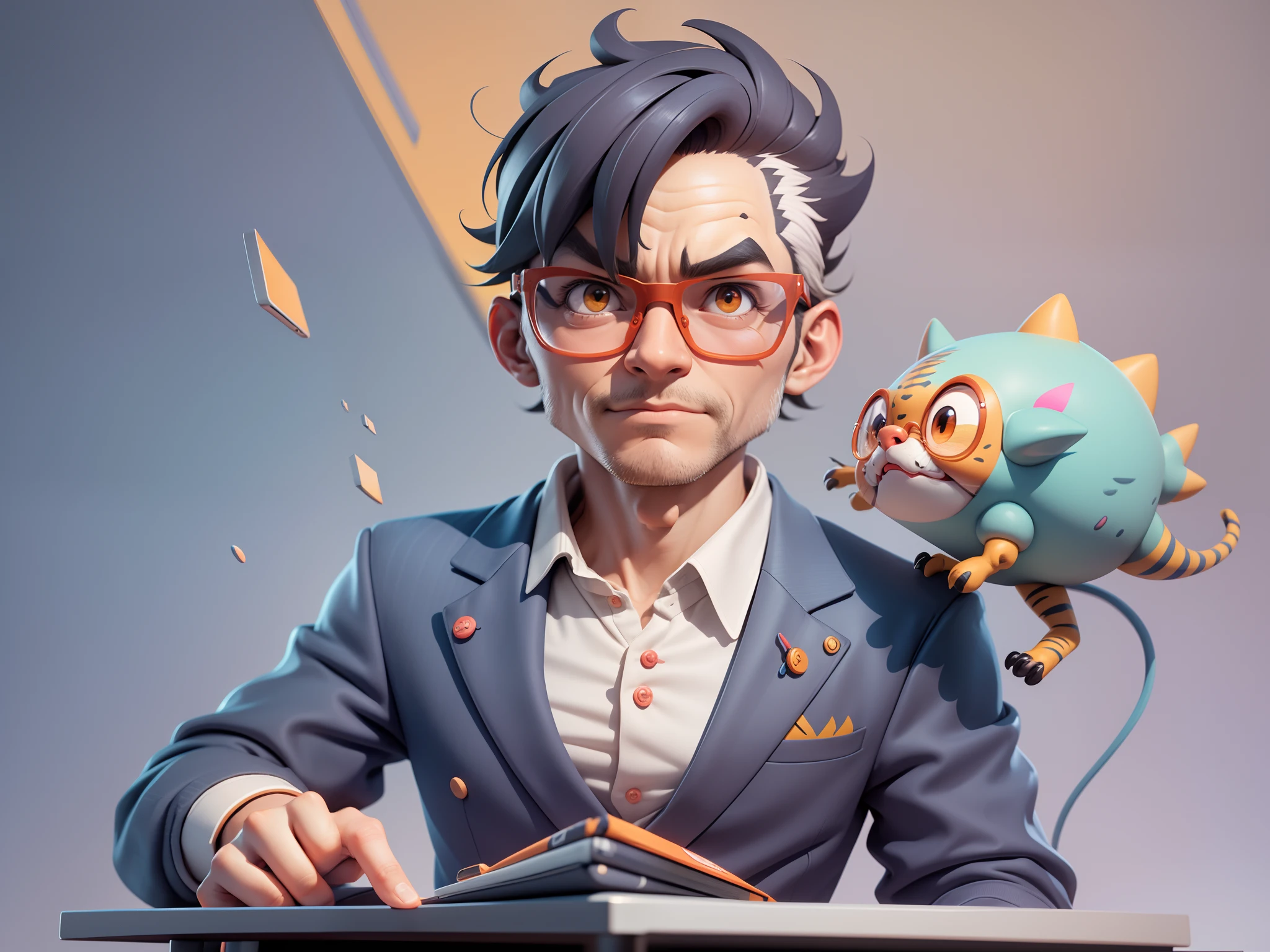 A young man in a suit, Short hair and glasses sat at his desk，holding laptop，digitial painting，tigre，3D character design by Mark Clairen and Pixar and Hayao Miyazaki and Akira Toriyama，4K HD illustration，Very detailed facial features and cartoon-style visuals。