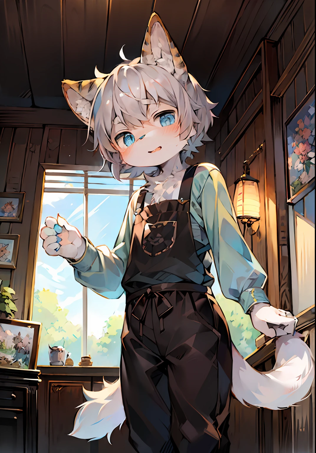 "Masterpiece,high qulity,abstract res,digitial painting(artwork of a),by Dagasi,Yupa,Kiyosan,anthro,Fluffy fur,Character focus:1.1,anthro male cat,Short hair,Portrait,eyes with brightness,in a panoramic view,Character focus,detailedbackground:0.7,独奏,shaggy,shaggy male,malefocus,anthr,Full Body Furry,Fluffy tail,White fur,Ice blue eyes,Gray hair:1.2,felid:1.2,interiors、cafe shop:1.1"