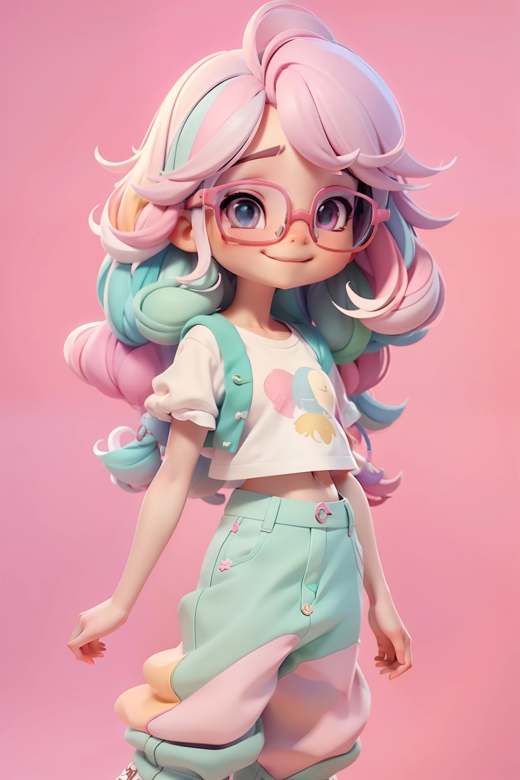 multicolor, fofa, romantic nerd style, delicate and elegant eyeglasses, moleton, capuz, camiseta, pants, tons pastel multicolor, sorriso meigo e delicado, corpo inteiro, olhos delicados e cabelos multicolor, fundo simples e branco