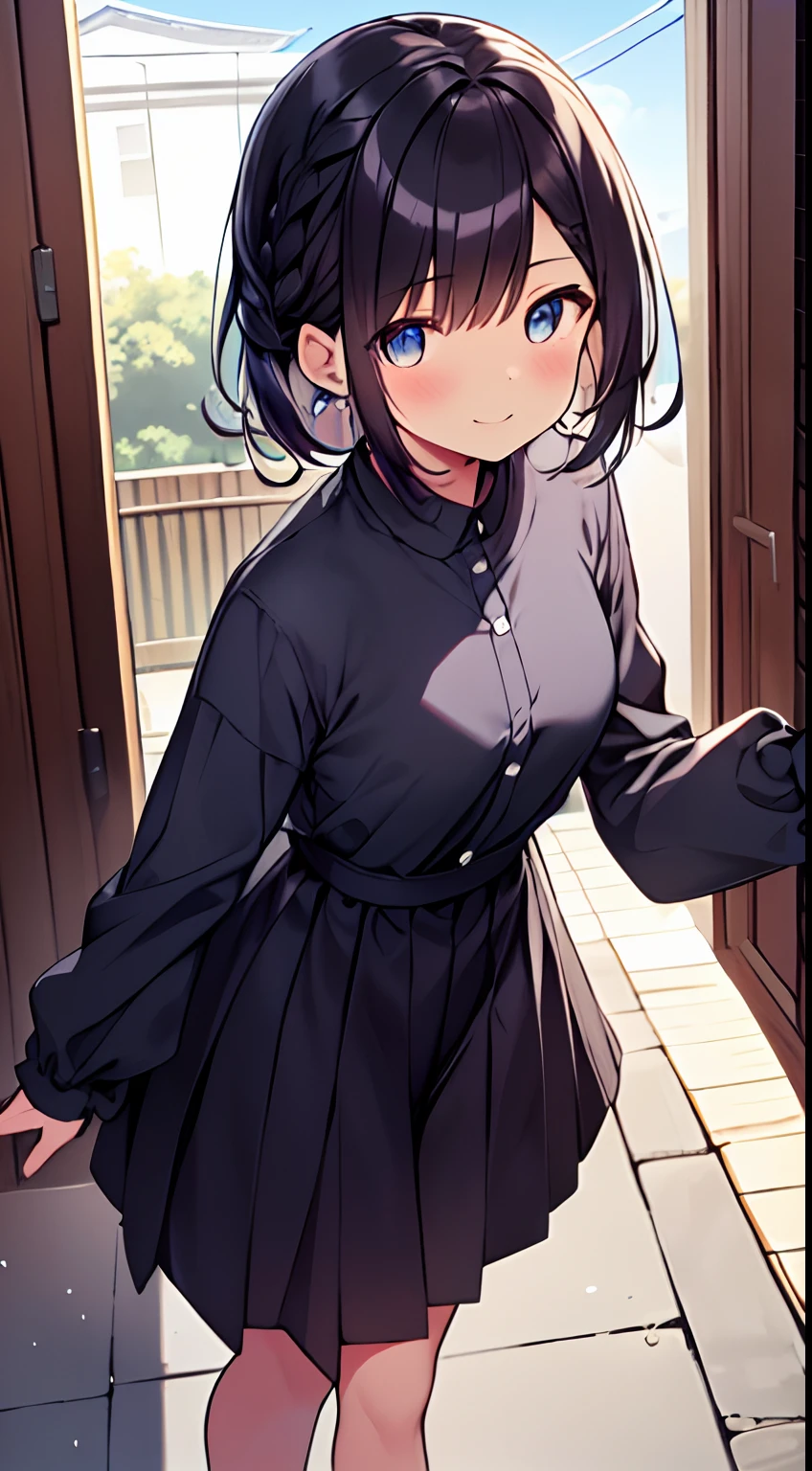 masutepiece, Best Quality,Illustration, Wallpaper, Ultra Detail, 1girl in,Solo,Beautiful detailed eyes,Very thick contour lines、Medium Short-Cut Hair、Short, Braided hair、(student clothes)、Dark hair color、a serene smile、Walking next door、Kamimei、Overlooking angle:1.2、small head、ample breasts