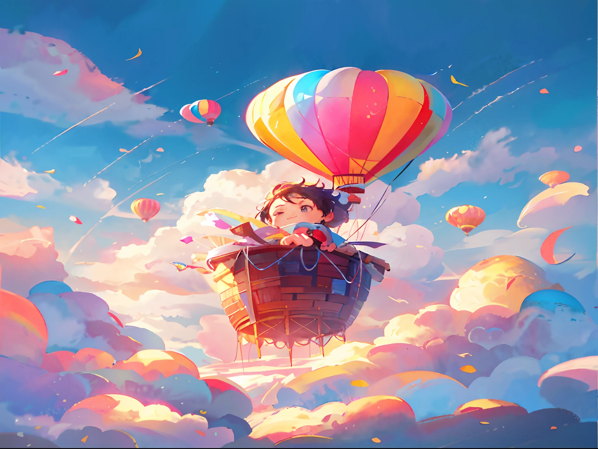 There is a cartoon picture of a boy flying in a hot air balloon, Cute detailed digital art, lovely digital painting, adorable digital art, A beautiful artwork illustration, childrens art in artstation, dreamlike illustration, cute illustration, cyril rolando and goro fujita, as an air balloon, Beautiful digital illustration, flying cloud castle, atey ghailan 8 k