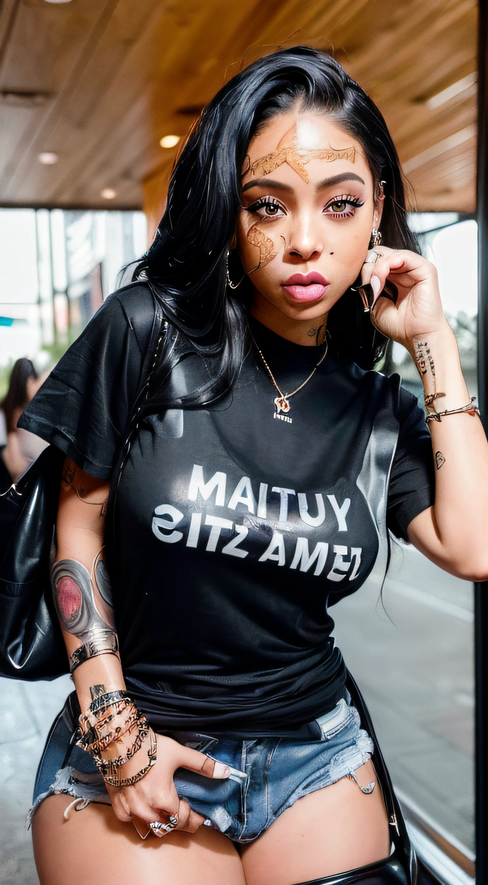 (((8k, best quality, masterpiece:1.2))), (realistic, photo-realistic:1.37), Ultra-detailed, a close up of a Melaninated Caramel skin ebony woman with a tattoo on her arm Taking a Instagram Selfie at the mall food court with a friend(((Looks like a mix of Dope celebrity females Eva Mendez, Lauren London, Shakira, Ashcash, Danielle Bregoli Bhad Bhabie Hairstyle, Female Rapper Latto, Rubi Rose, RENNI RUCCI))), (((( Luxury Designer Blank Black T shirt))))