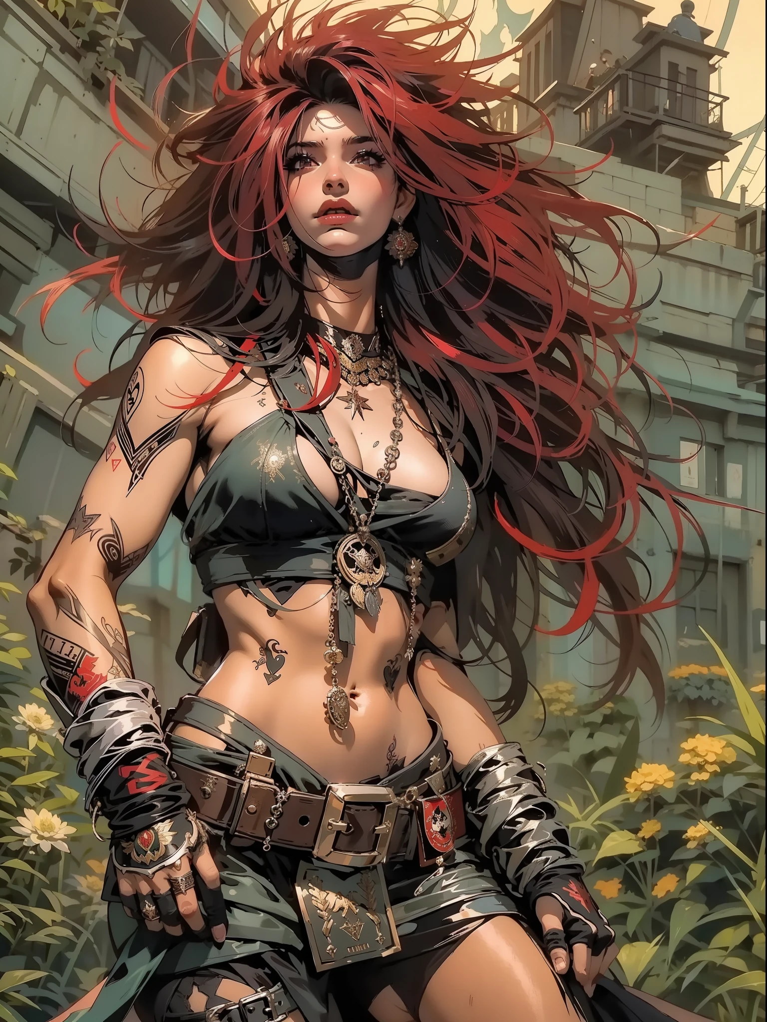 (((mulher))), (((melhor qualidade))), (((obra prima))), (((adulto))), Uma pirata mulher de 35 anos com corpo perfeito, Gladiadores do Brooklyn, (( sob os peitos )), quase nua no estilo selvagem urbano de Simon Bisley para a capa da revista Heavy Metal, cabelo loiro, Minimum clothing, black and red graphics flames in suit, armadura, cheio de pontas e rebites, tatuagem tribal, (((do joelho pra cima))), cabelo desalinhado