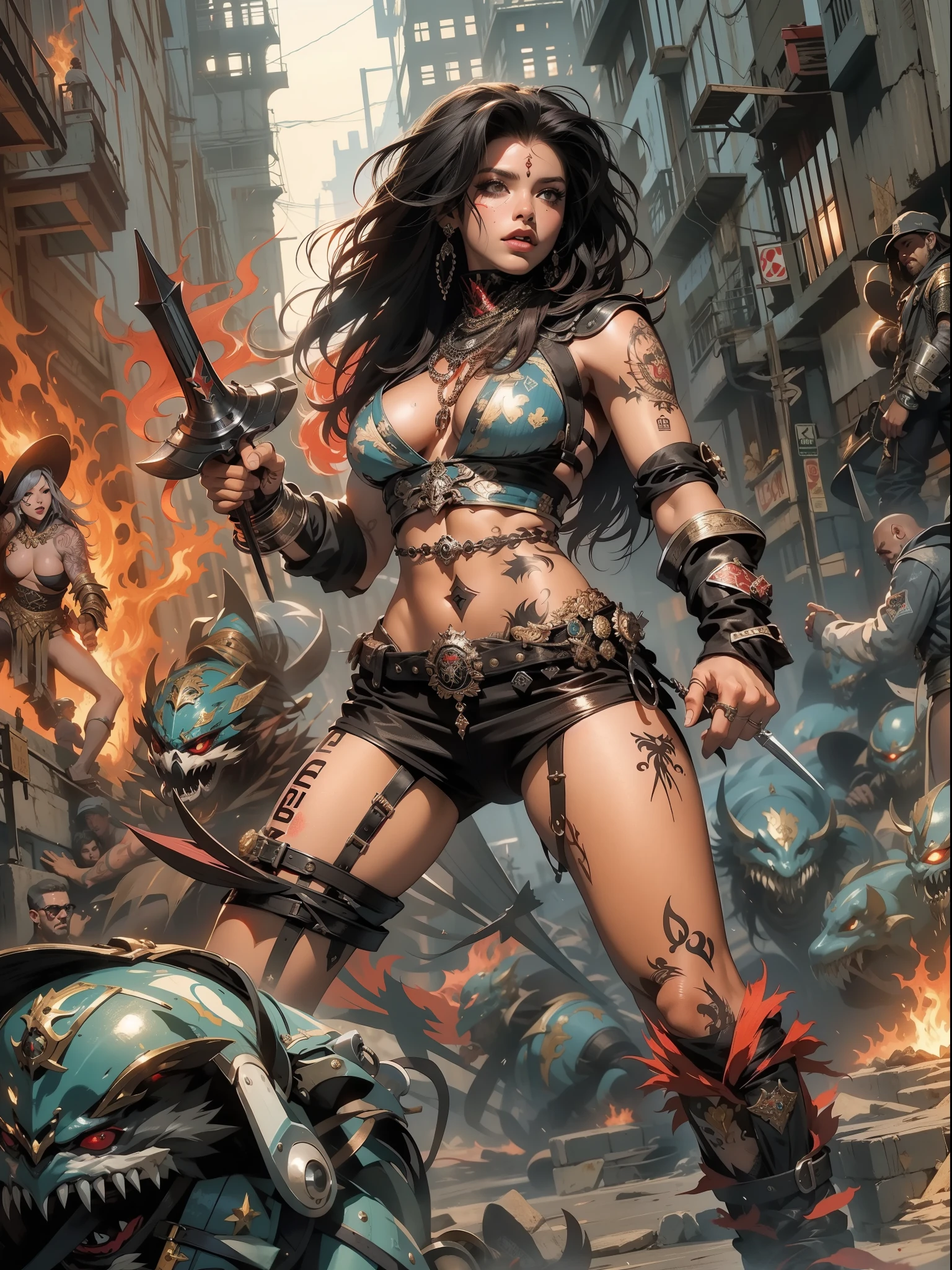 (((mulher))), (((melhor qualidade))), (((obra prima))), (((adulto))), Uma pirata mulher de 35 anos com corpo perfeito, Gladiadores do Brooklyn, (( sob os peitos )), quase nua no estilo selvagem urbano de Simon Bisley para a capa da revista Heavy Metal, cabelo loiro, Minimum clothing, black and red graphics flames in suit, armadura, cheio de pontas e rebites, tatuagem tribal, (((do joelho pra cima))), cabelo desalinhado