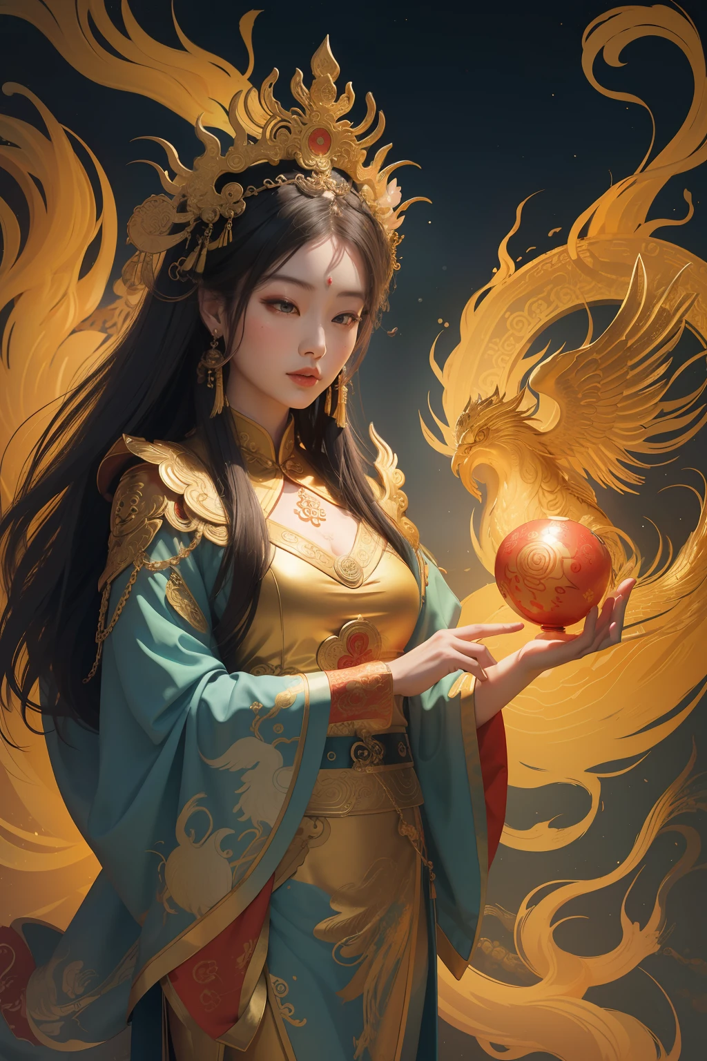 an ancient Chinese goddess, guanyin of the southern seas, Guanyin, Inspired by China, Avalokiteshvara rides a phoenix,,Serene expression,shui mo hua,Buddha,Buddhist,Lotus,Chinese painting style,Thangka style