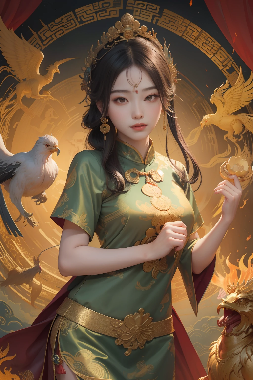 an ancient Chinese goddess, guanyin of the southern seas, Guanyin, Inspired by China, Avalokiteshvara rides a phoenix，,Serene expression,shui mo hua,Buddha,Buddhist,Lotus,Chinese painting style,Thangka style