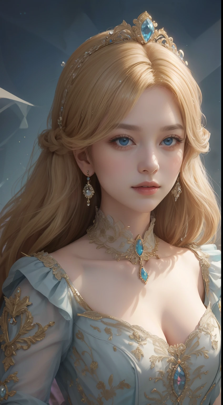 tmasterpiece，Highest image quality，Beautiful bust of a royal lady，Delicate blonde hairstyle，Embellished with a dazzling array of intricate jewelry，super detailing，upscaled。