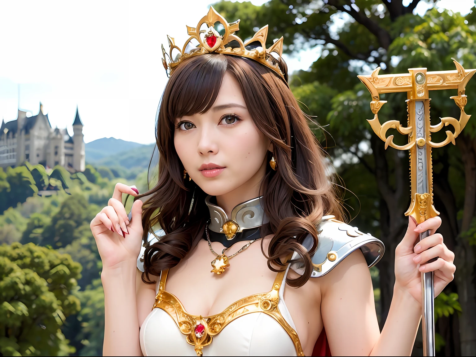 Professional , ​masterpiece、top-quality、photos realistic , depth of fields （Gemstone Silver Metal Body:1.９),(Matte Silver、Jewel Gold Weapon、（Gorgeous castle background）、Holding the Sword of Heroes、（Jewel White Metal Body:1.４),（（Gorgeous Jewel Metal Weapons）） , Fighting、（（Holding the Sword of Heroes）） ,（close-up，dream magical，tornado ）   ,(Micro Bikini Armor),warhammer 40k , adepta sororitas,Detail and ornate jewel crown、Brown hair、Mystical expression、（Gangle's forest background）、１a person、dynamic ungle,(((Diamond tiara with detail and luxury)))、a small face、A smile、Powerful poses、（Gorgeous castle background）、huge filesize、20 year old beautiful woman、Stand in the center of the screen、Thin female fingers、Straight long hair、Beautiful Caucasian beauty、Mystical expression、Lightly open your mouth、,Luminescent particles,light scattering,Tindall Effect、Fighting、Twin tail hair、
