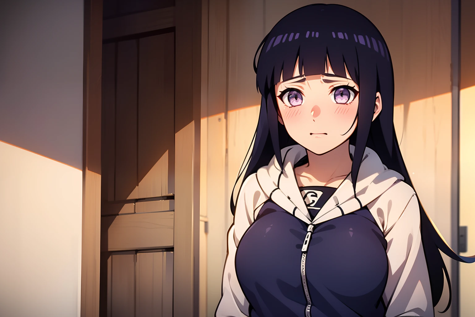 Hinata Hinata，A white towel wraps around the chest，The state of freshly bathed，White eyes，Bigboobs，Modern rental housing，Panicked expression，Summoned by the protagonist from the world of Hokage to the room where the protagonist is