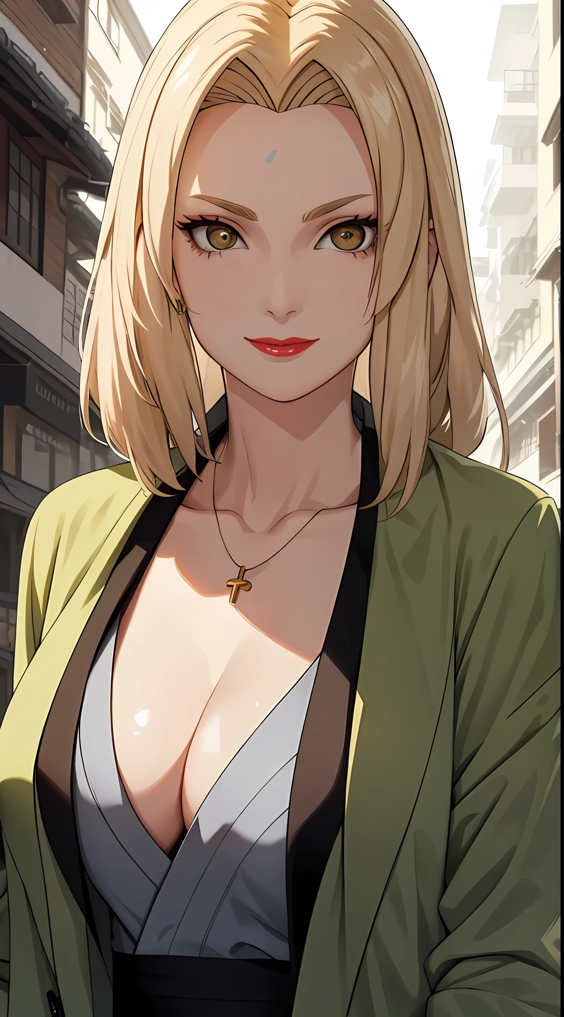 best qualtiy,tmasterpiece,1girll,looks into camera,Golden hair,White color blouse,Green coat,ssmile,perfect bodies,plumw,Redlip