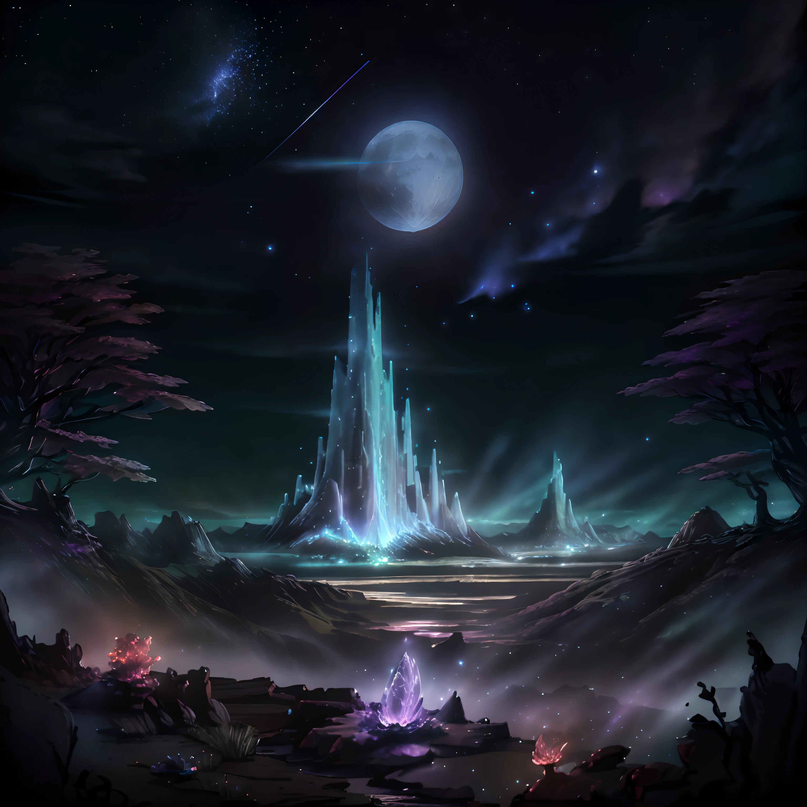 Expansive landscape photograph, (view from below with a view of the sky and wilderness below), standing in a flower field looking up, (full moon: 1.2), (shooting star: 0.9), (nebula: 1.3), distant mountain, tree break production art, (warm light source: 1.2), (firefly: 1.2), lamp, purple and orange, intricate detail, volume lighting, realism break (masterpiece: 1.2) (Best Quality), 4K, Ultra-Detailed, (Dynamic Configuration: 1.4), Highly Detailed and Colorful Details, (Iridescent Colors: 1.2), (Glowing Lighting, Atmospheric Lighting), Dreamy, Magical, (Solo: 1.2)