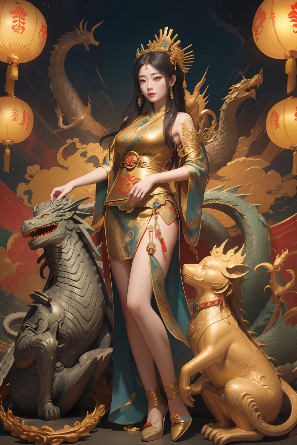 an ancient Chinese goddess, guanyin of the southern seas, Guanyin, Inspired by China, Avalokiteshvara rides a dragon，,Serene expression,shui mo hua,Buddha,Buddhist,Lotus,Chinese painting style,Thangka style