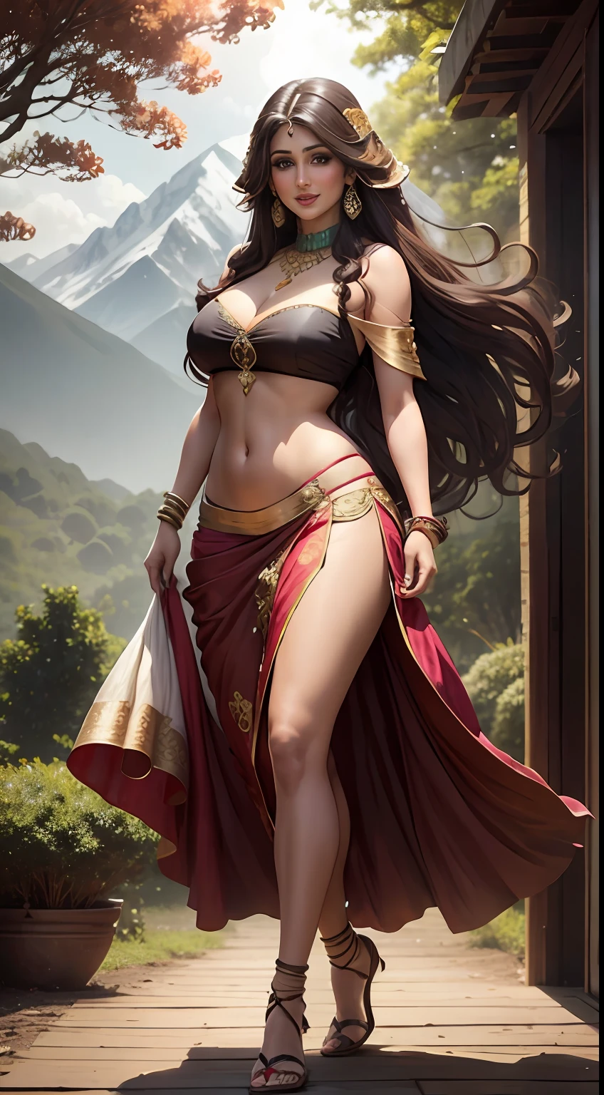 Beautiful indian woman posing, straight photoshoot pose, full body portrait, winter morning, sonw falls, winter, walking on forest path, detailed face, cute, big eyes, iconic, photorealistic, mountain temple, detailed background, big breasts, sexy thin saree, long wavy hair, cleavage, symmetric face, masterpiece, 8k, ultra realistic