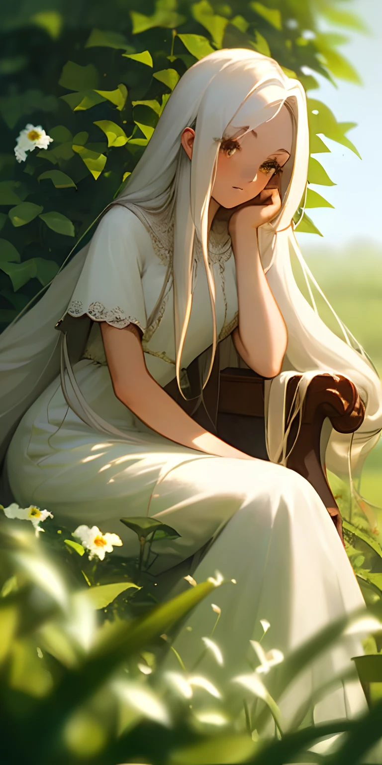 (masterpiece, best quality),1girl with long white hair sitting in a field of green plants and flowers, her hand under her chin, warm lighting, white dress, blurry foreground