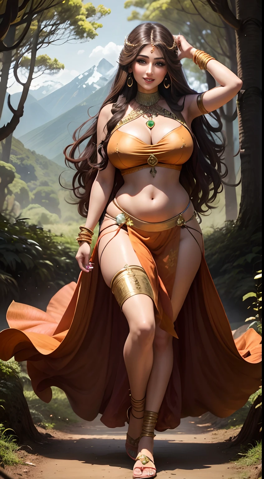 Lucy Pinder as a beautiful gopi, dark brown flowing hair, wearing a traditional ghagra choli, bindi, bangles, smiling, in a forest, front view, mountains in background, full body image, graceful