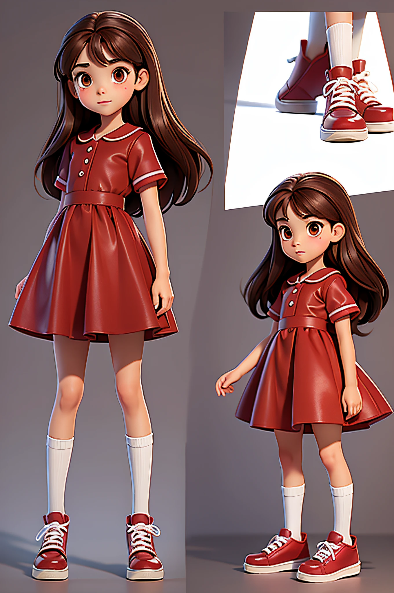 girl 6 years old, long dark brown hair, brown eyes, multiples poses and expressions, red shoes, full body, character sheet, different angles, children's book illustrations, background white --ar 3:2