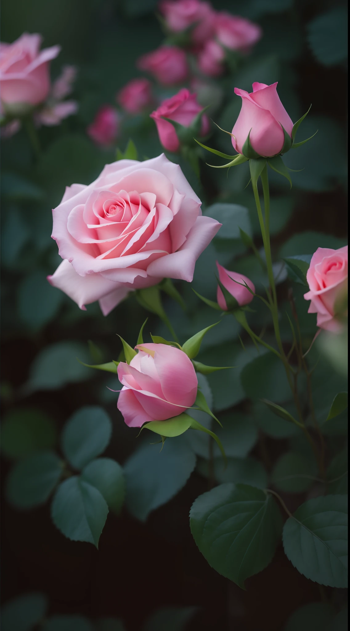 A pink rose grows among the bushes in the garden, Pink rose, roses in cinematic light, pink rosa, rose twining, photo of a rose, anna nikonova, with soft pink colors, photo taken with canon 5d, soft light 4 k in pink, taken with a pentax k1000, Incredibly beautiful, melanchonic rose soft light