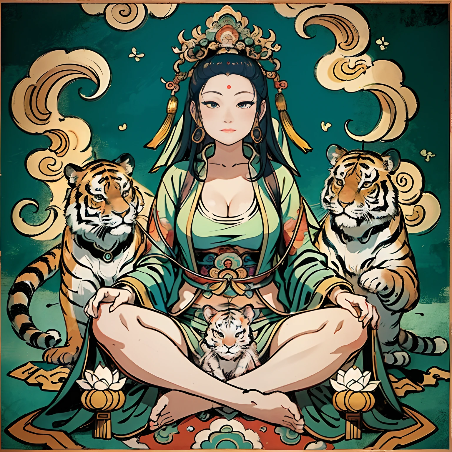 an ancient Chinese goddess, guanyin of the southern seas, Guanyin, Inspired by India, Avalokiteshvara rides a tiger，,Serene expression,shui mo hua,Buddha,Buddhist,Lotus,Chinese painting style,Thangka style