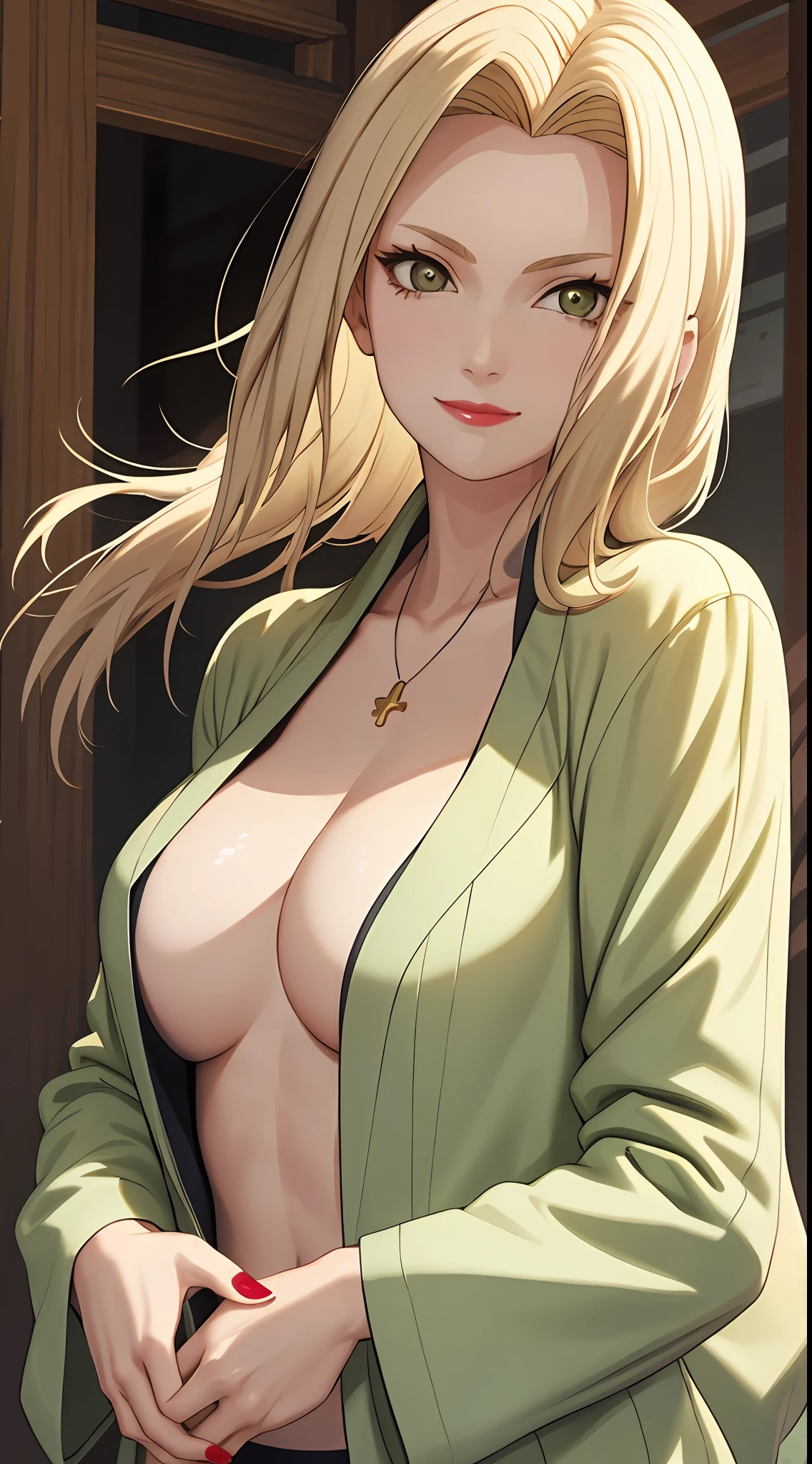 best qualtiy,tmasterpiece,1girll,looks into camera,Golden hair,White color blouse,Green coat,ssmile,perfect bodies,plumw,Redlip