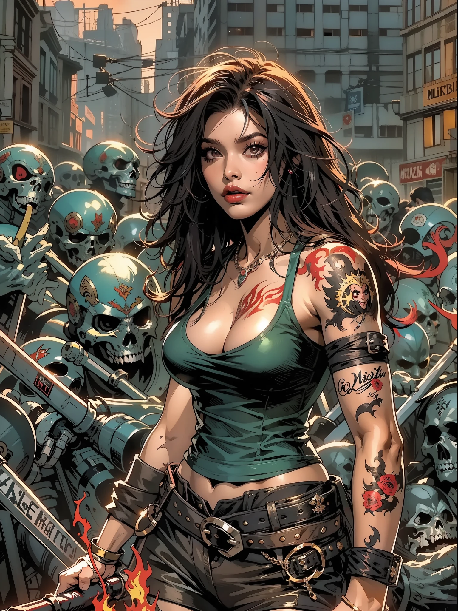 (((mulher))), (((melhor qualidade))), (((obra prima))), (((adulto))), Uma pirata mulher de 35 anos com corpo perfeito, Gladiadores do Brooklyn, (( sob os peitos )), quase nua no estilo selvagem urbano de Simon Bisley para a capa da revista Heavy Metal, cabelo loiro, Minimum clothing, black and red hot rod graphics flames in suit, armadura, cheio de pontas e rebites, tatuagem tribal, (((do joelho pra cima))), cabelo desalinhado