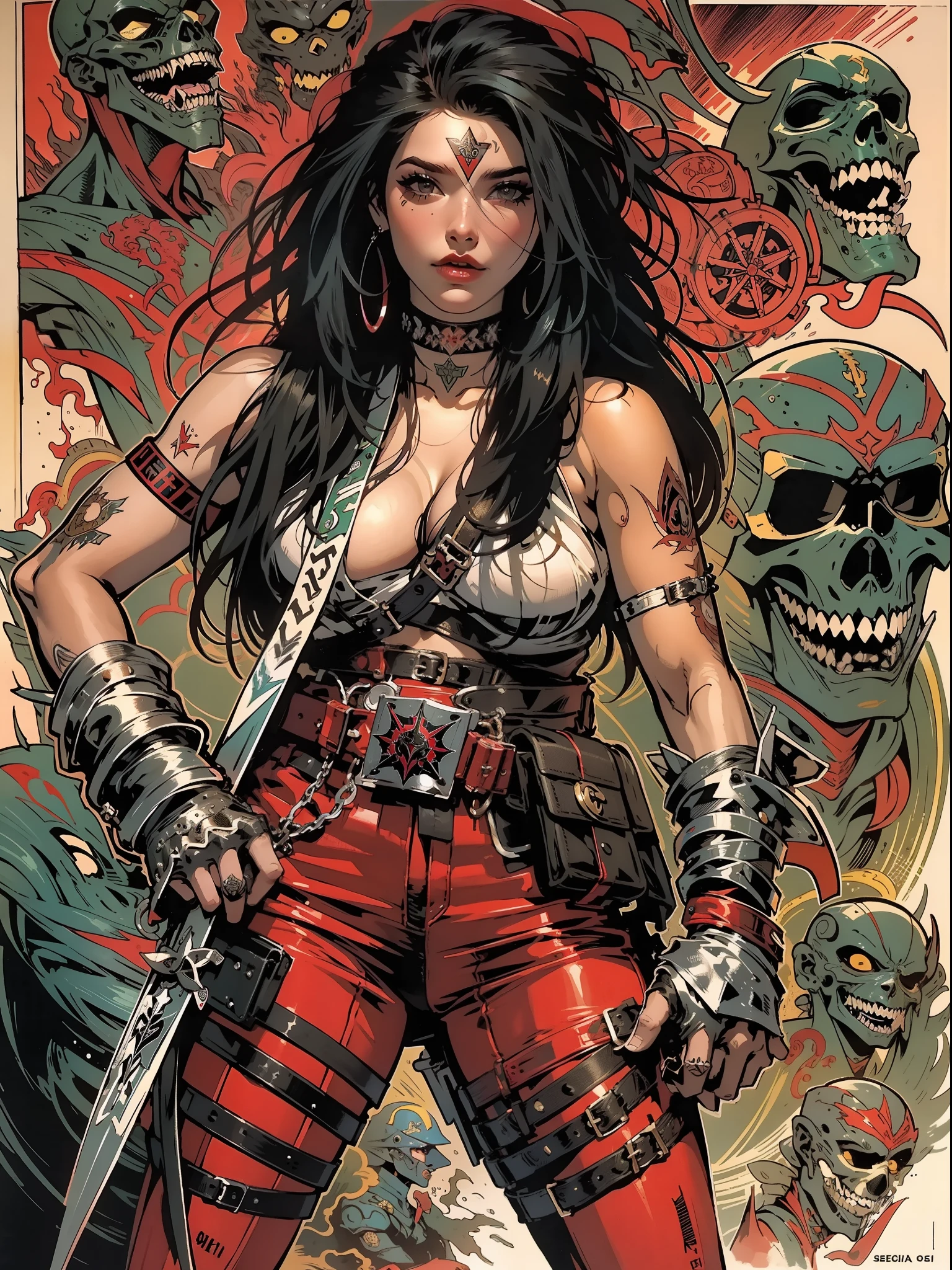 (((mulher))), (((melhor qualidade))), (((obra prima))), (((adulto))), Uma pirata mulher de 35 anos com corpo perfeito, Gladiadores do Brooklyn, (( sob os peitos )), quase nua no estilo selvagem urbano de Simon Bisley para a capa da revista Heavy Metal, cabelo loiro, Minimum clothing, black and red hot rod graphics flames in suit, armadura, cheio de pontas e rebites, tatuagem tribal, (((do joelho pra cima))), cabelo desalinhado