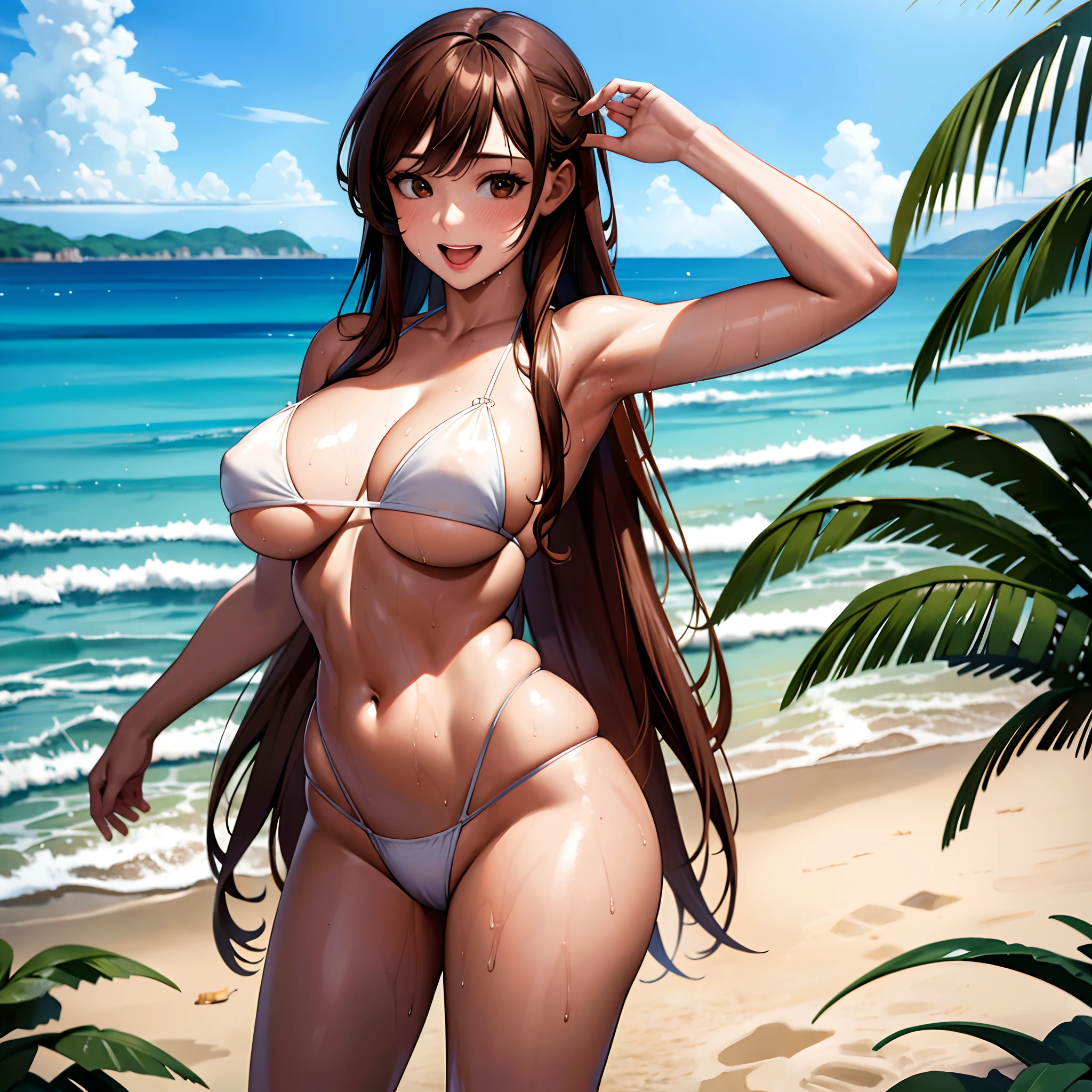 Masterpiece, Best quality, highly detailed, highres, highly detailed, one girl, long hair, brown hair, brown eyes, large breast, white bikini, outdoor, beach, side tide bikini, wet, looking at viewers, smile, open mouth,