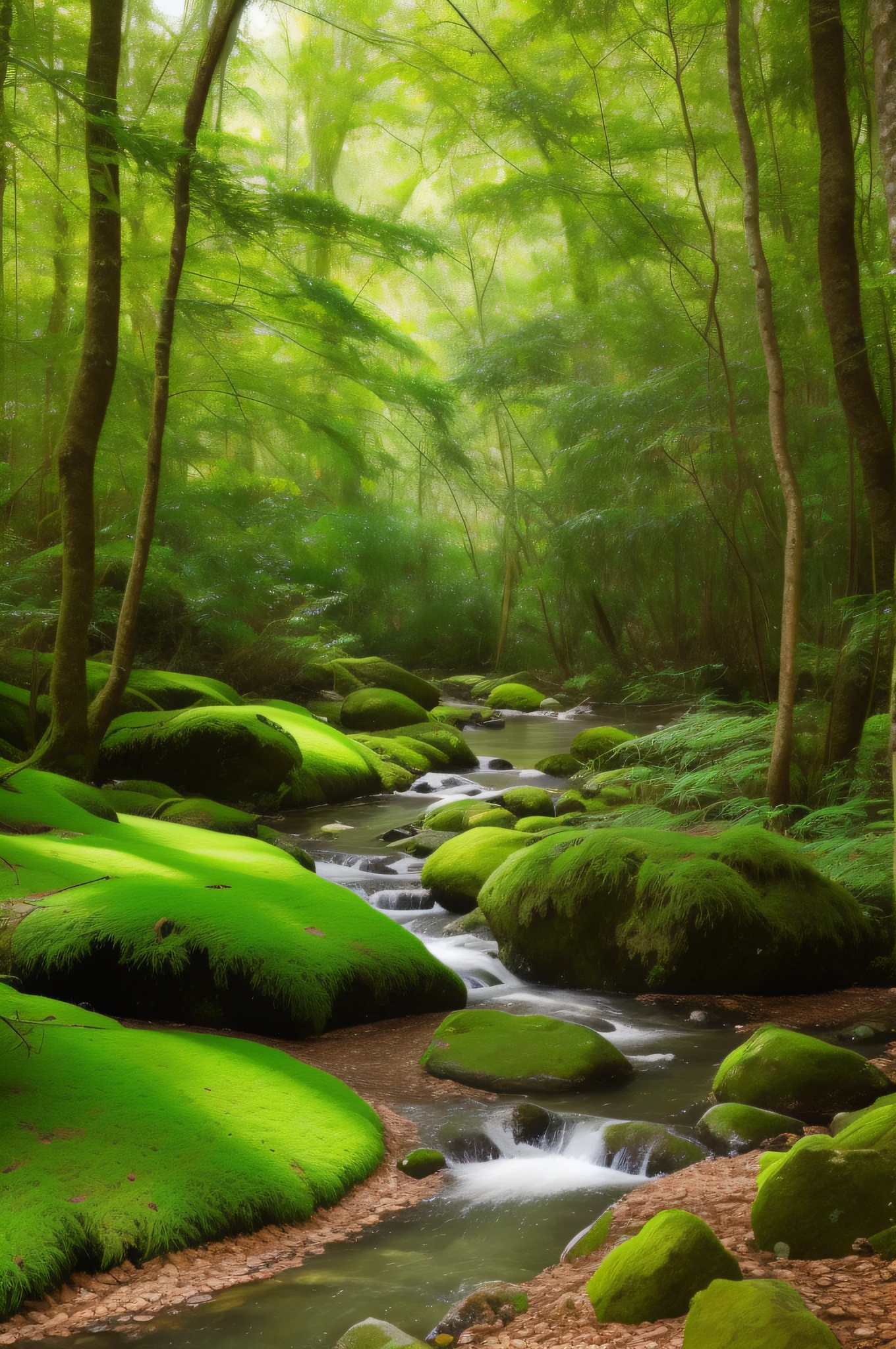 verde claro，Forest path，Simple，Water moss，Simple，photorealestic