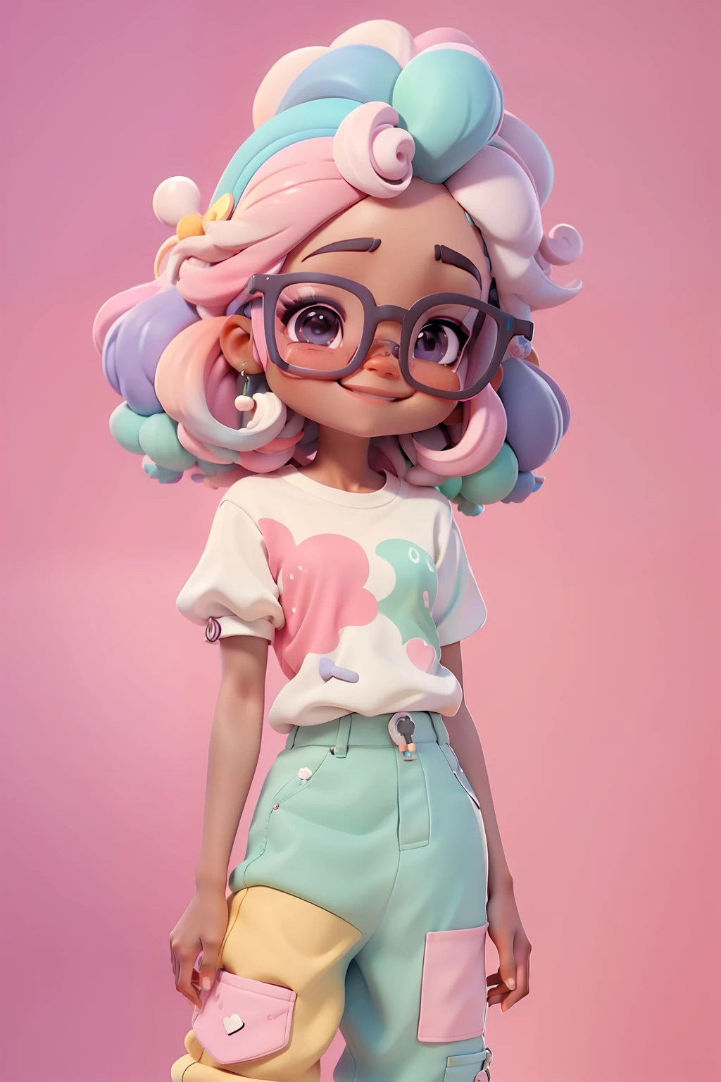 Loli negra multicolorida, Fofa, romantic nerd style, delicate and elegant glasses, moleton, capuz, Camiseta, Pants, tons pastel multicolor, sorriso meigo e delicado,  corpo inteiro, olhos delicados e  cabelos afro preso multicolor, fundo simples e branco
