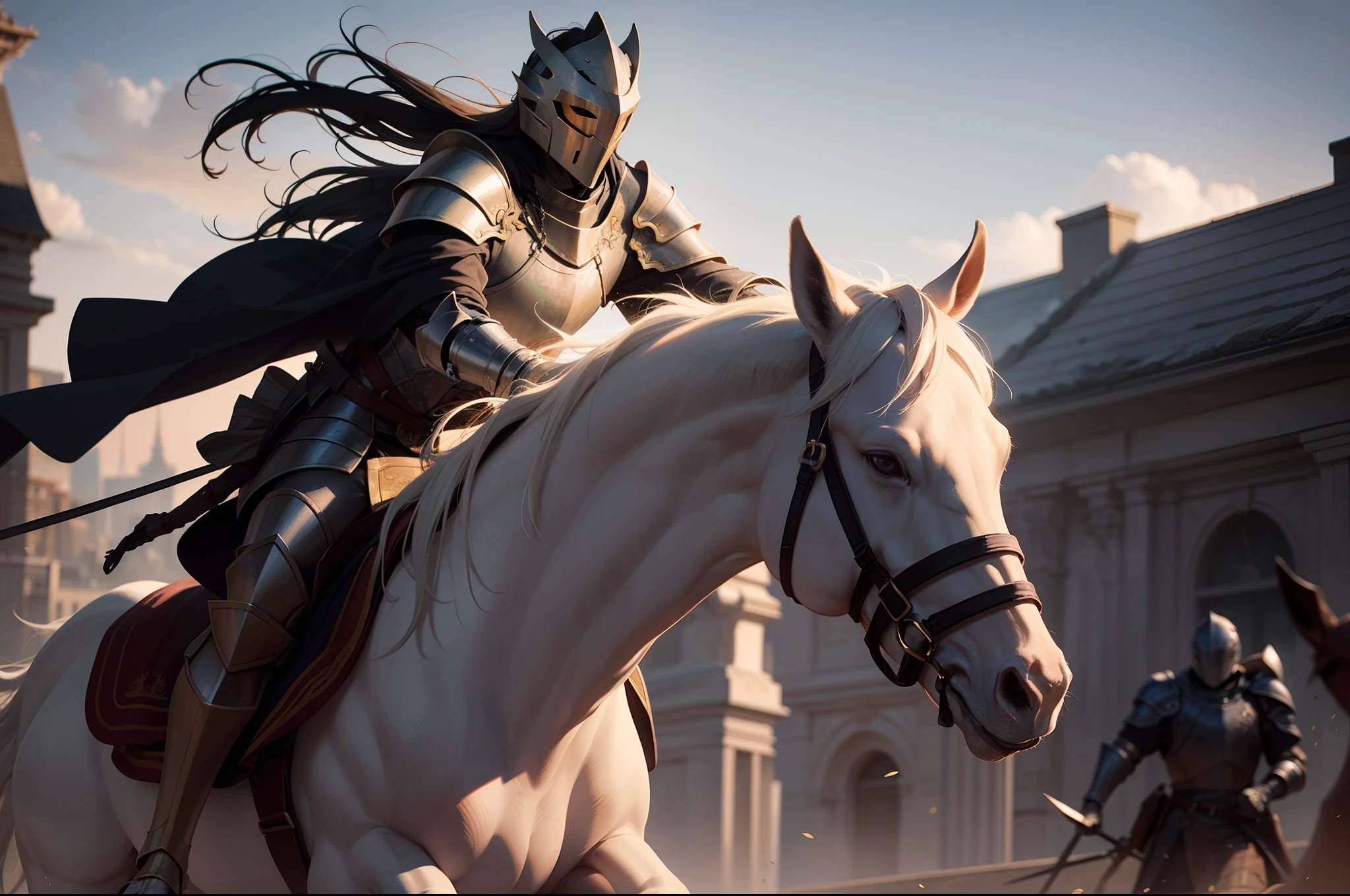 front view, full scene, full bodies, dark lighting, frontal vision, dark lighting, a knight rides a white horse that gallops, wears light armor and his helmet covers his face, having a golden crown on the top of his head, the rider wields a bow in his right hand, no background, photorealism, 4k, HDR