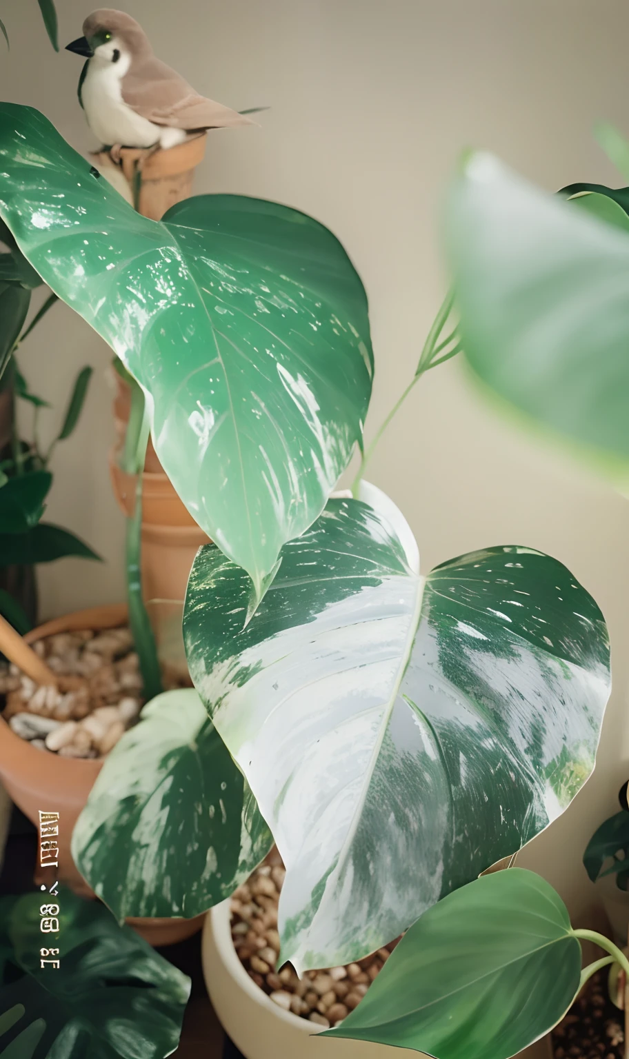 There is a bird sitting on a plant in a pot, Delicious monstera, Monstera, big leafs, tropical houseplants, houseplant, lush plant growth, Plantas exuberantes, House plants, large leaves and stems, big leafs, green plant, photographed on colour film, analogue photo low quality, houseplant, Lush foliage, Lush plants and magical details