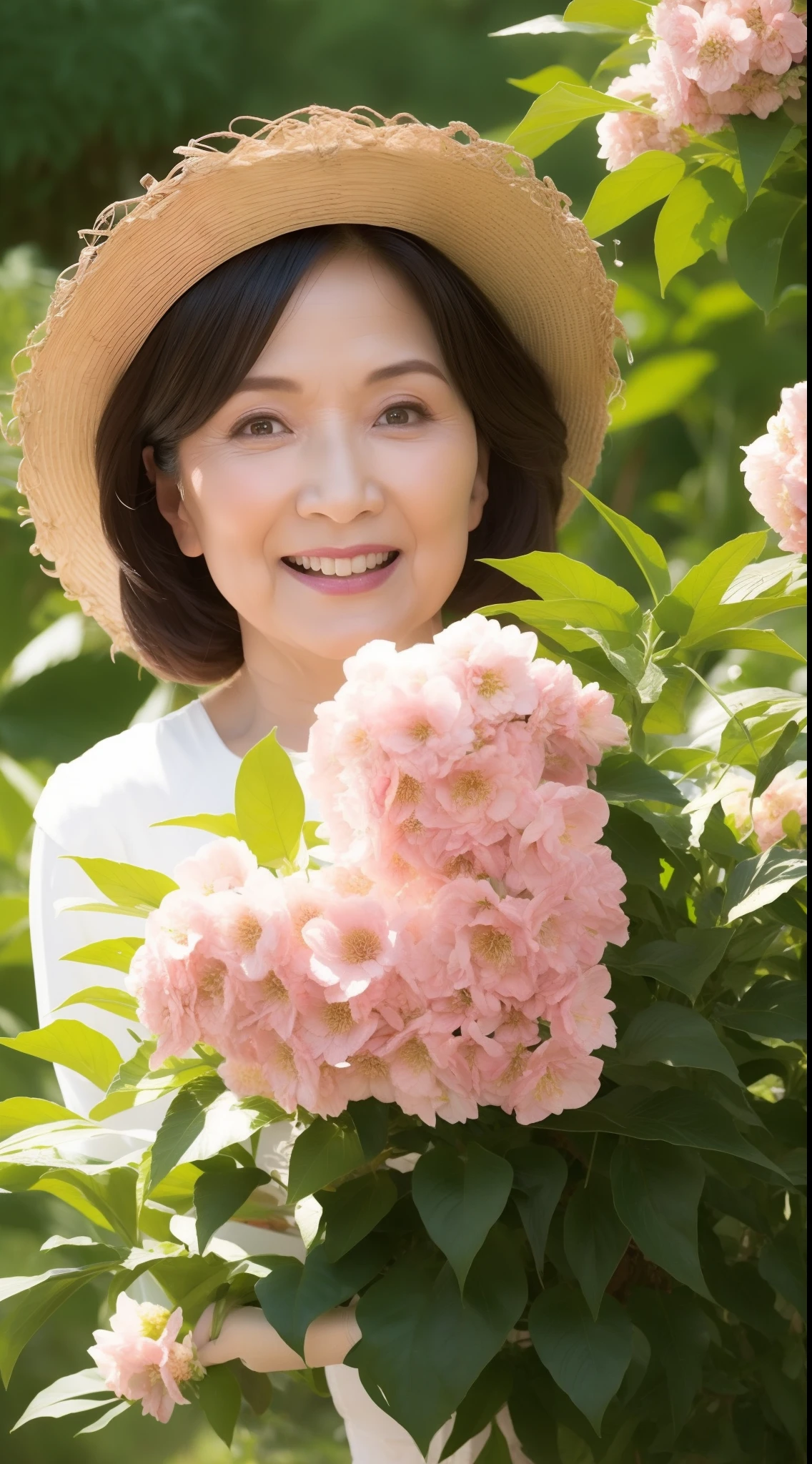 bloom, High masterpiece:1.4, high-level image quality:1.4, Bright outdoor, Staring at this, Center the screen, ((Beautie)):1.3, Medium close-up, A MILF, A sexy, 62 years old