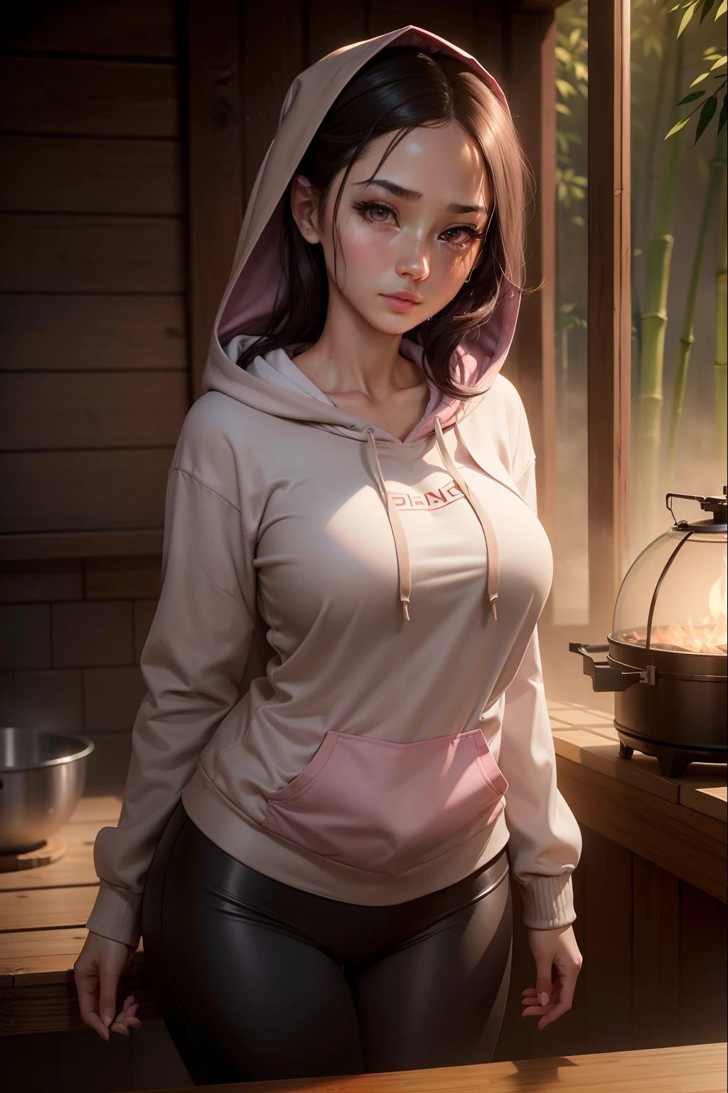 Masterpiece, Realistic eyes, Best quality, Bamboo, Closed mouth, Beautiful lighting, Cinematic, 8K, Solo, 1girll, Facial, wet face, Liner, Wooden walls, medium  tits, Gray hoodie, Leggings, Wide hips, Kamado Nezuko, Pink eyes,