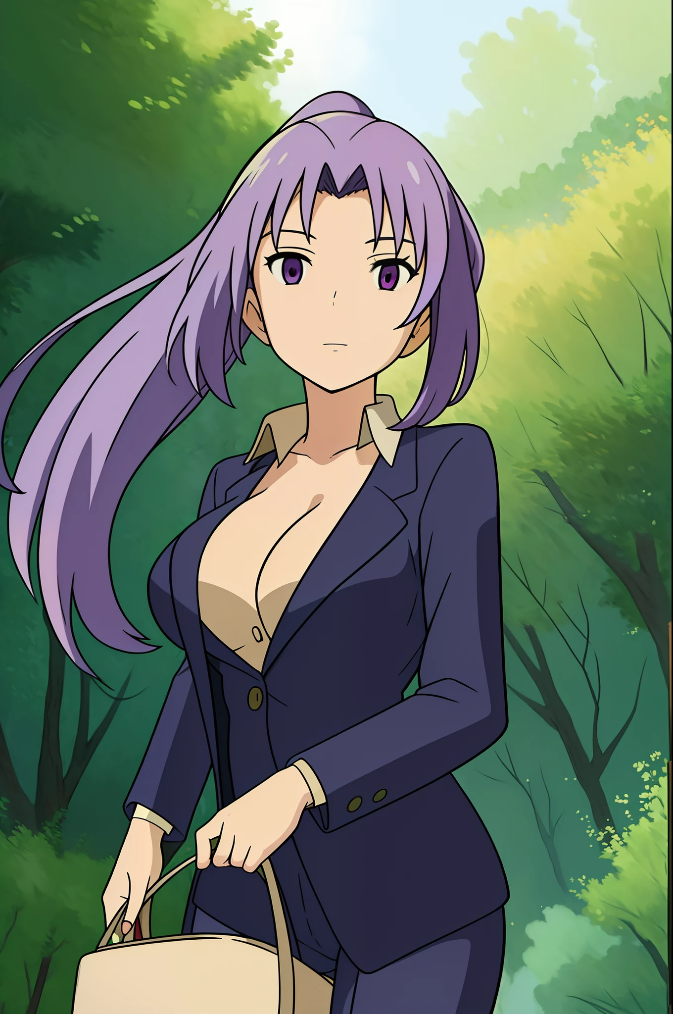 ((best quality)), ((masterpiece)), (detailed), 
1girl, pixel-Shion, suit, forest, cleavage, dynamic shot, miyazaki hayao