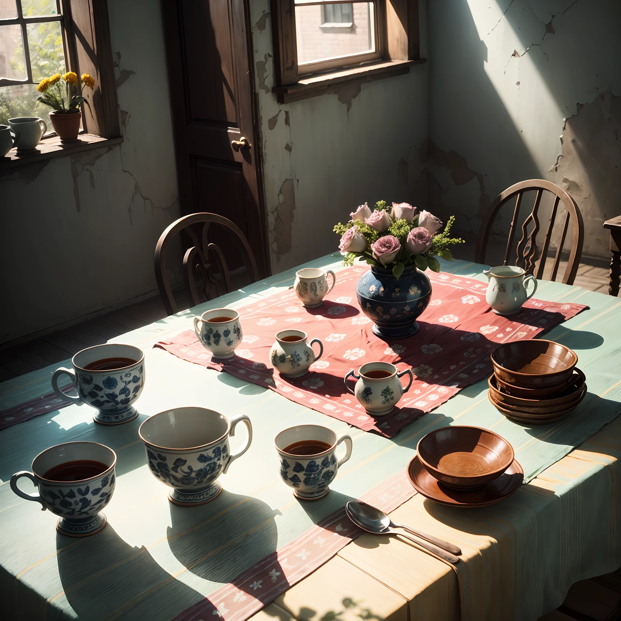 Dilapidated houses，square table，Covered with patterned tablecloths，Delicate ceramic mugs with bright colors, Ceramic bowl, Ceramic bottle on the table，A few bouquets of flowers，Vivid and beautiful，Sunlight shining on the table from outside the house，particle fx，Exquisitely，the detail，