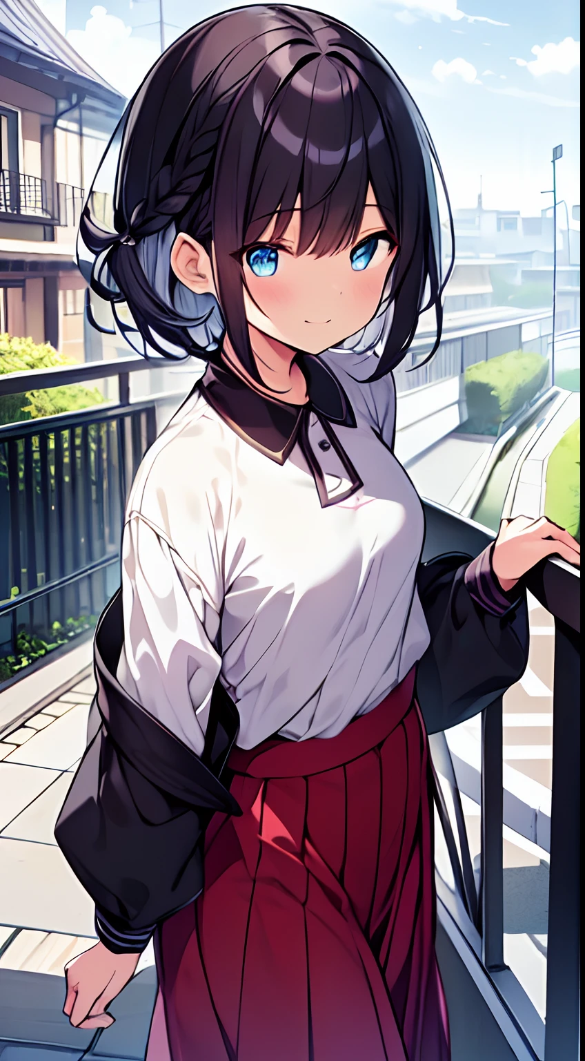masutepiece, Best Quality,Illustration, Wallpaper, Ultra Detail, 1girl in,Solo,Beautiful detailed eyes,Very thick contour lines、Medium Short-Cut Hair、Short, Braided hair、(student clothes)、Dark hair color、a serene smile、Walking next door、Kamimei、Overlooking angle:1.2、small head、ample breasts